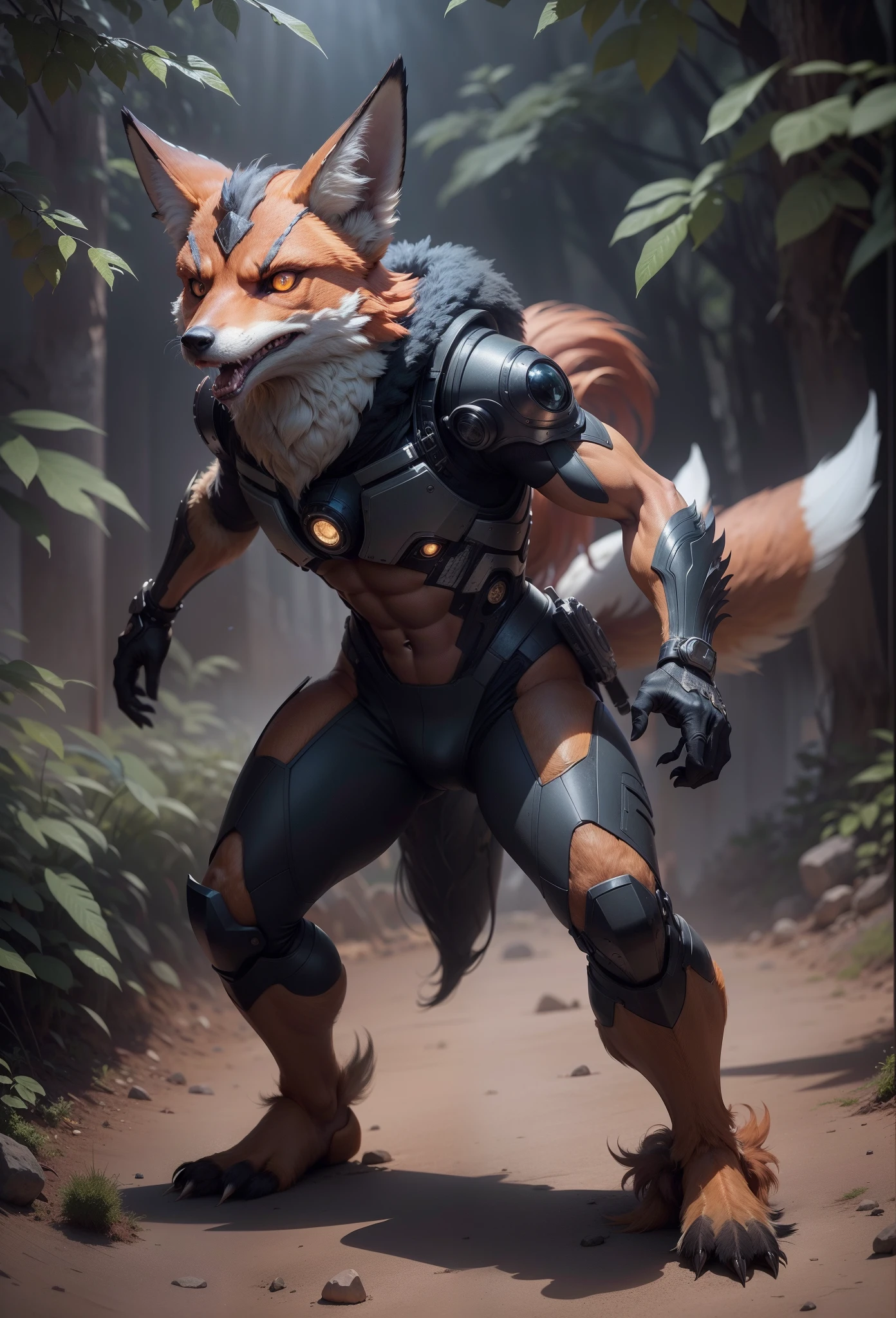 Sci fi humanoid creature with the feathers of a fox and mutant traits similar to rocket teeth, expressive, serious angry face, expressive real photography, natural light, photorealism, cinematic rendering, ray tracing, the highest quality, the highest detail, Cinematic, Third-Person View, Long Exposure, 8K, Ultra-HD, Natural Lighting, Moody Lighting, Cinematic Lighting