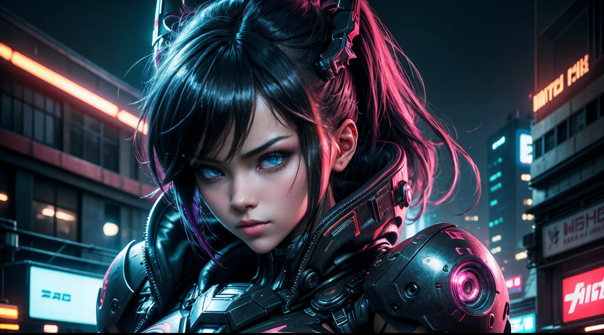 An ultra-realistic female anime character amidst a neon-drenched cityscape at night. The digital artwork showcases exquisite detailing, from her expressive eyes to her cyberpunk attire. A masterpiece in 8K resolution, immersing viewers in a captivating cyberpunk anime experience. Photo taken by Hiroshi Sugimoto with a Nikon D850 and a 50mm lens, Studio lighting, Neon ambiance. 8K, Ultra-HD, Super-Resolution. --v 5 --q 2