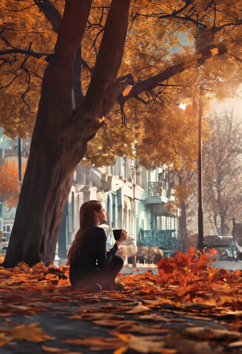 Autumn sky Autumn morning colouring tree-lined street stroll Woman drinking coffee Top image quality hight resolution award - winning photo (Photorealsitic:1.3) digitalart femele Woman with dark hair