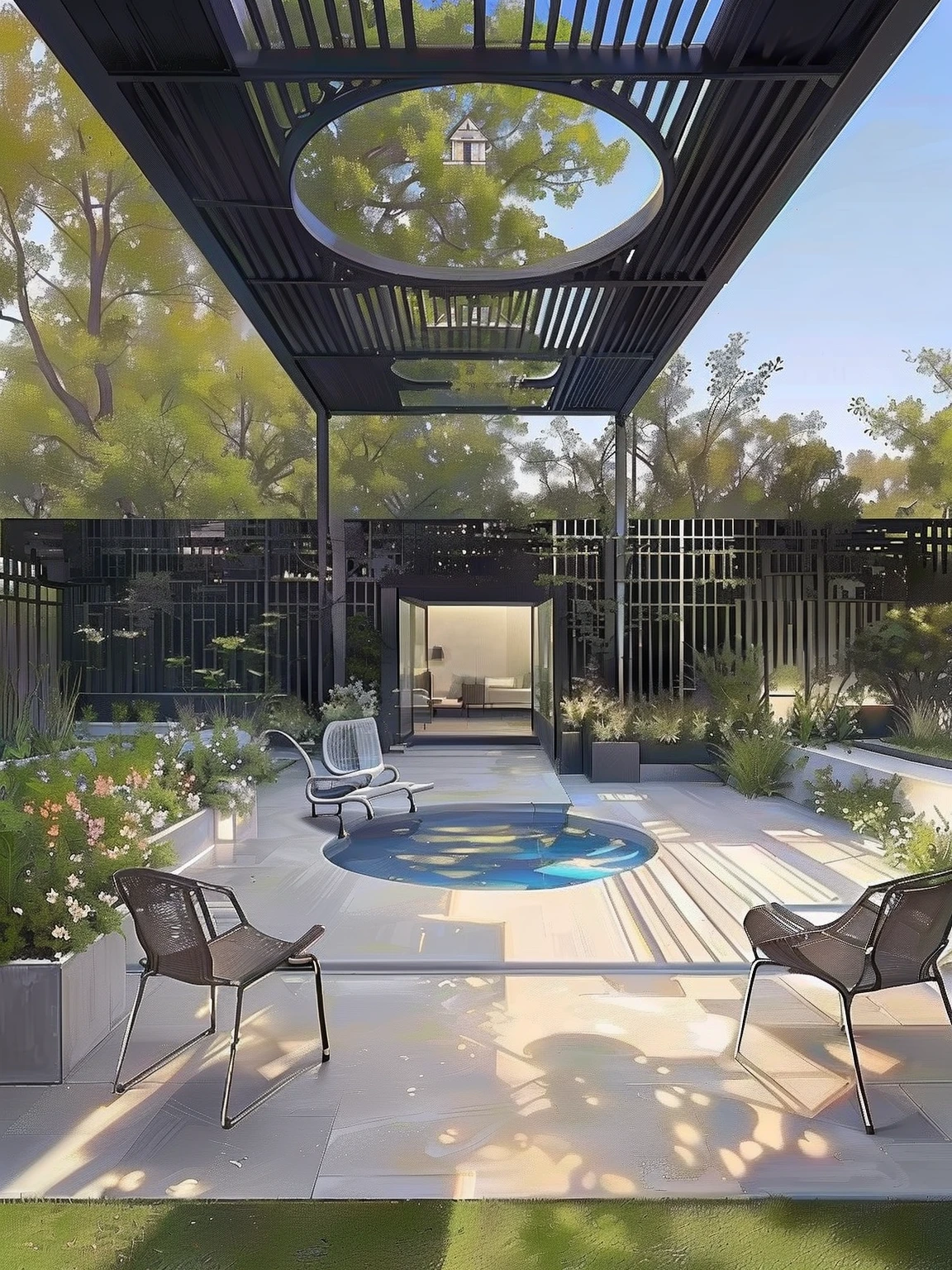 Close-up of terrace with pool and chairs, outdoor design, Outdoor tint color, Black vertical slatted wood, Beautiful terrace, Lush chic garden, Modern design, modern setting, Award-winning shadows, sleek utopian design, wonderful masterpiece, Garden setting, Masterpiece works of art, in style of norman foster, shaded, A stunning masterpiece