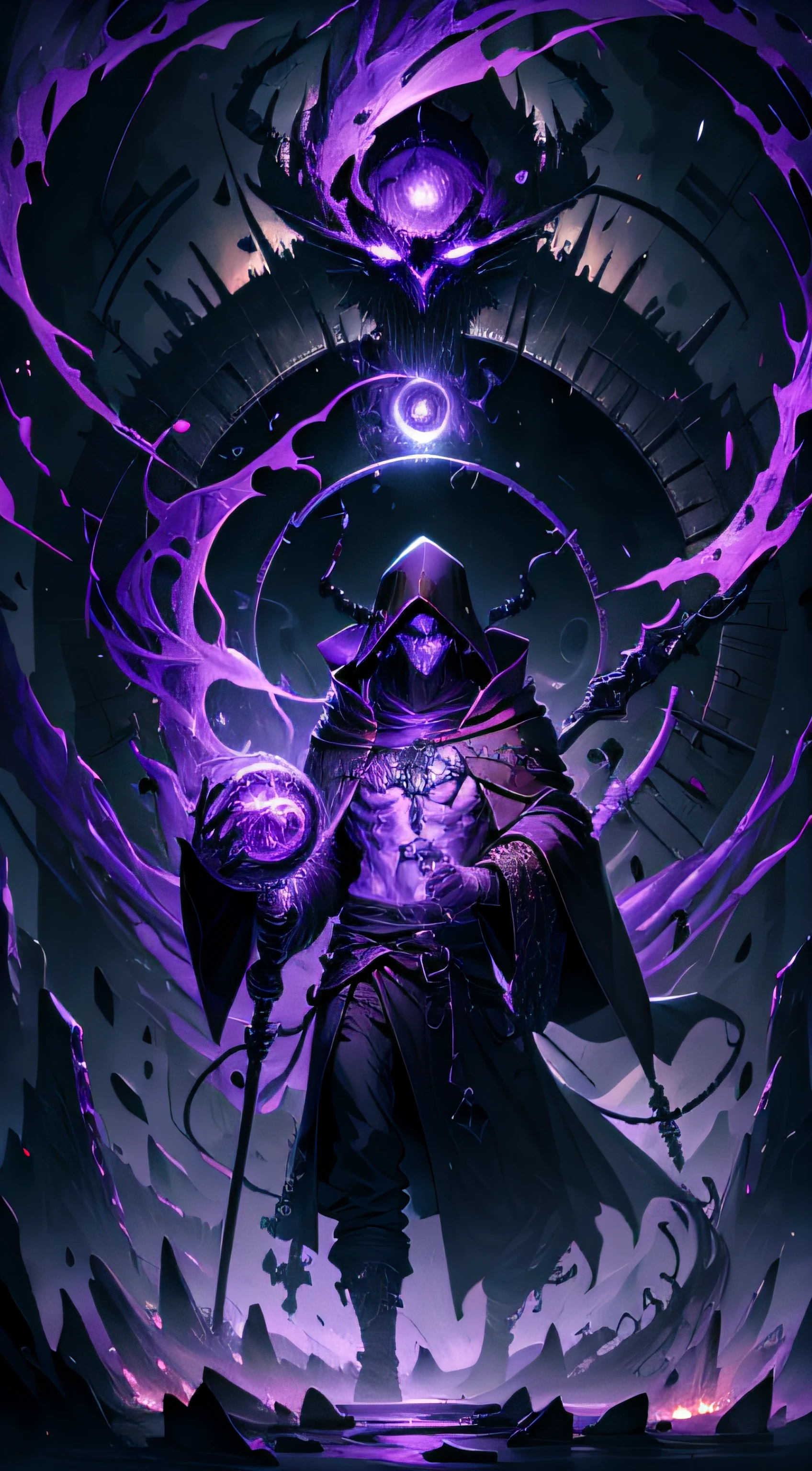 (absurdres, highres, ultra detailed, HDR), masterpiece, best quality, grim reaper male with scythe sitting on demon with a giant eye, in arrogant look, solo, reaper, male,huge scythe,glowing scythe, demon eyeball, giant eyeball, disgusting, black demon wing, demon horn, handsome, purple eye, glowing eye, black robe, earring and accessory, bare chest, arrogant face, full body, magic vortex, spark, swirl, black and purple aura, dark purple cloudy sky, abyss, abstract background, from side, look up, evil smile