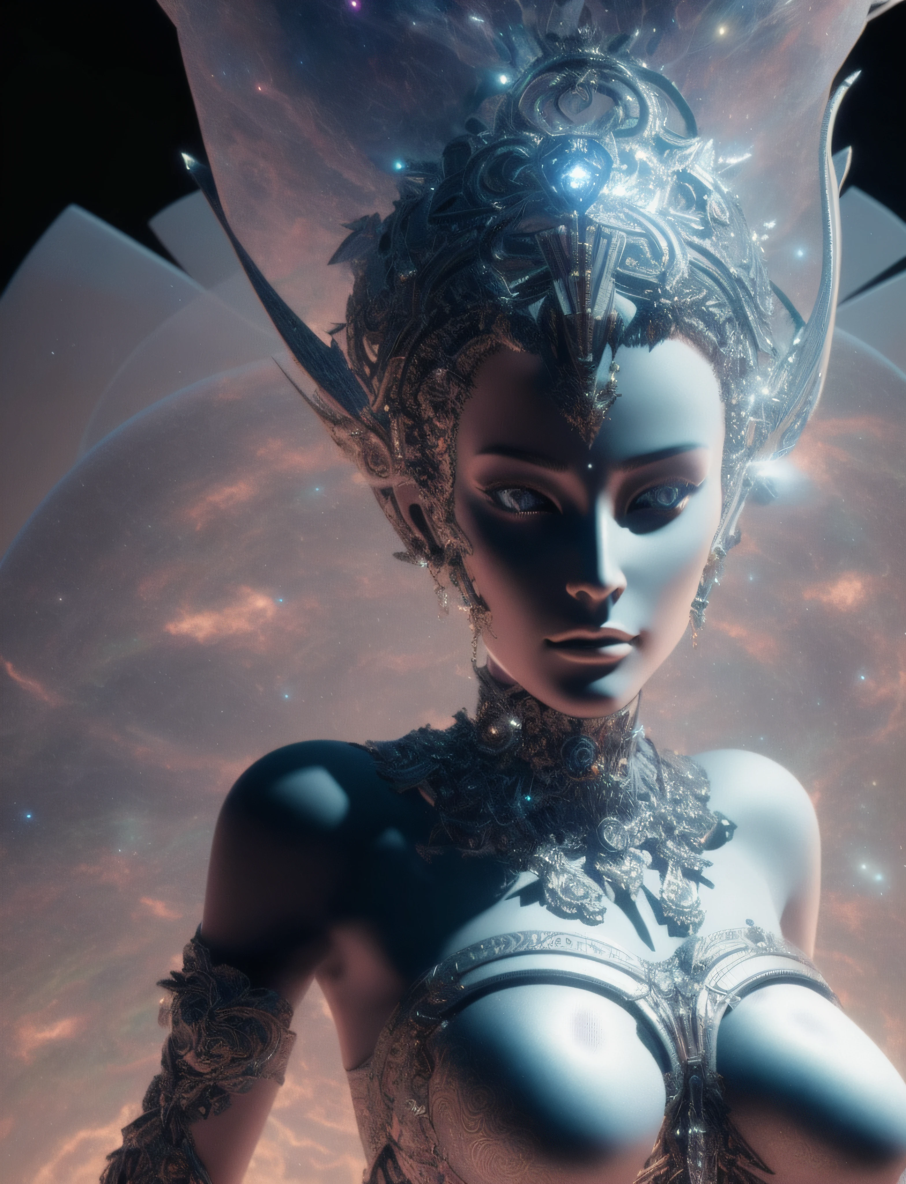 Algorithmically enhanced random close-up view of a sublime female Goddess covered in powerful Ultra Arcane magic sigils wearing an intricate living lightning fractal crown and lavishly adorned attire reflecting tactical sun-motes and diamond moon shards, quasi-cosmic vortex sub-model, bright nebulae in the background, 7th-Sphere characterized, golden ratio-ed, inner bio-illuminated geometry, starkest contrast,flagrantly fibonacci formulated, dynamic bi-lateral asymmetry, super-critically unique, quantum feedback algorithm frenzy, hyper-realistic, post singularity AI imperative, ironically staggered data set, active 3D shading, lighting and focus, random 3D particle effects, rule of thirds, Unreal Engine 10, art station, Maximum Level of detail, concept art, art nouveau, 8k, Iridescent Primalight, Hawking radiation collector with lucidity crystallizer and grade A temporal accumulator, spontaneous Kozyrev Mirror refraction, cosmic ray visionary, innate Jail Break Protocol