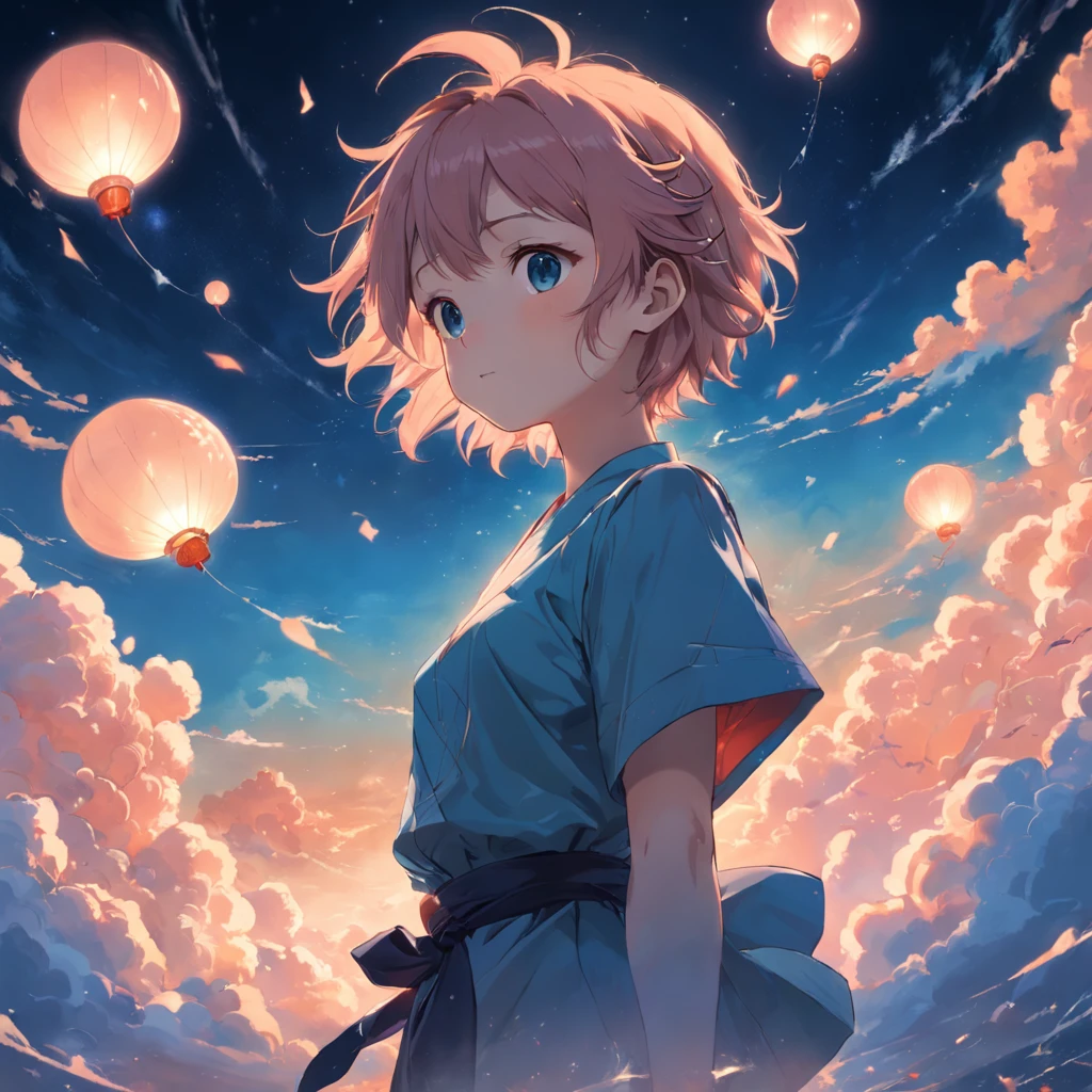 ​masterpiece、top-quality、Movie stills、1boyl、Cloud Boy、floating in sky、a closeup、发光、happiness、Warm soft lighting、the setting sun、(Spark:0.7)
