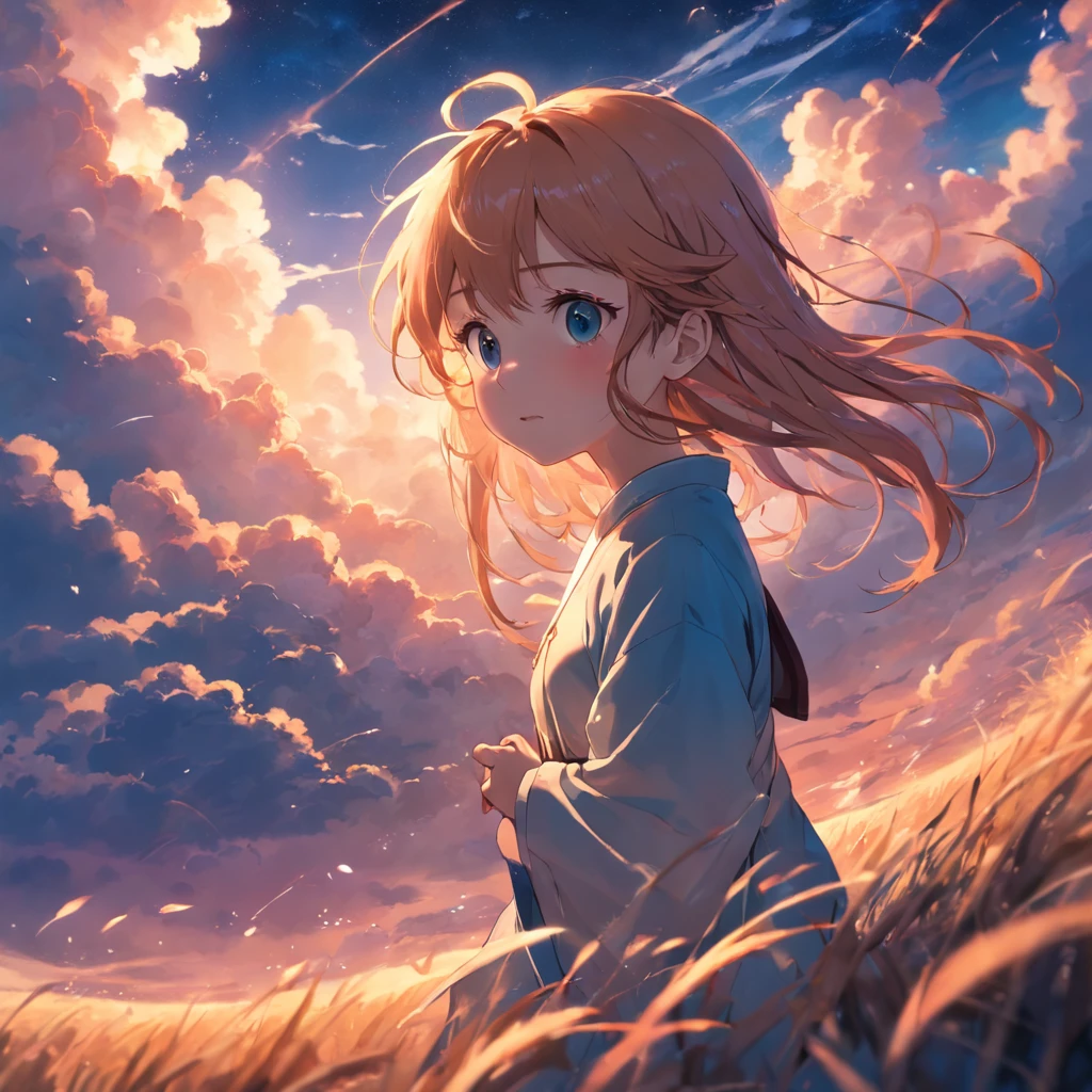 masterpiece、top-quality、Movie stills、1boyl、Cloud Boy、floating in sky、a closeup、发光、happiness、Warm soft lighting、the setting sun、(Spark:0.7)