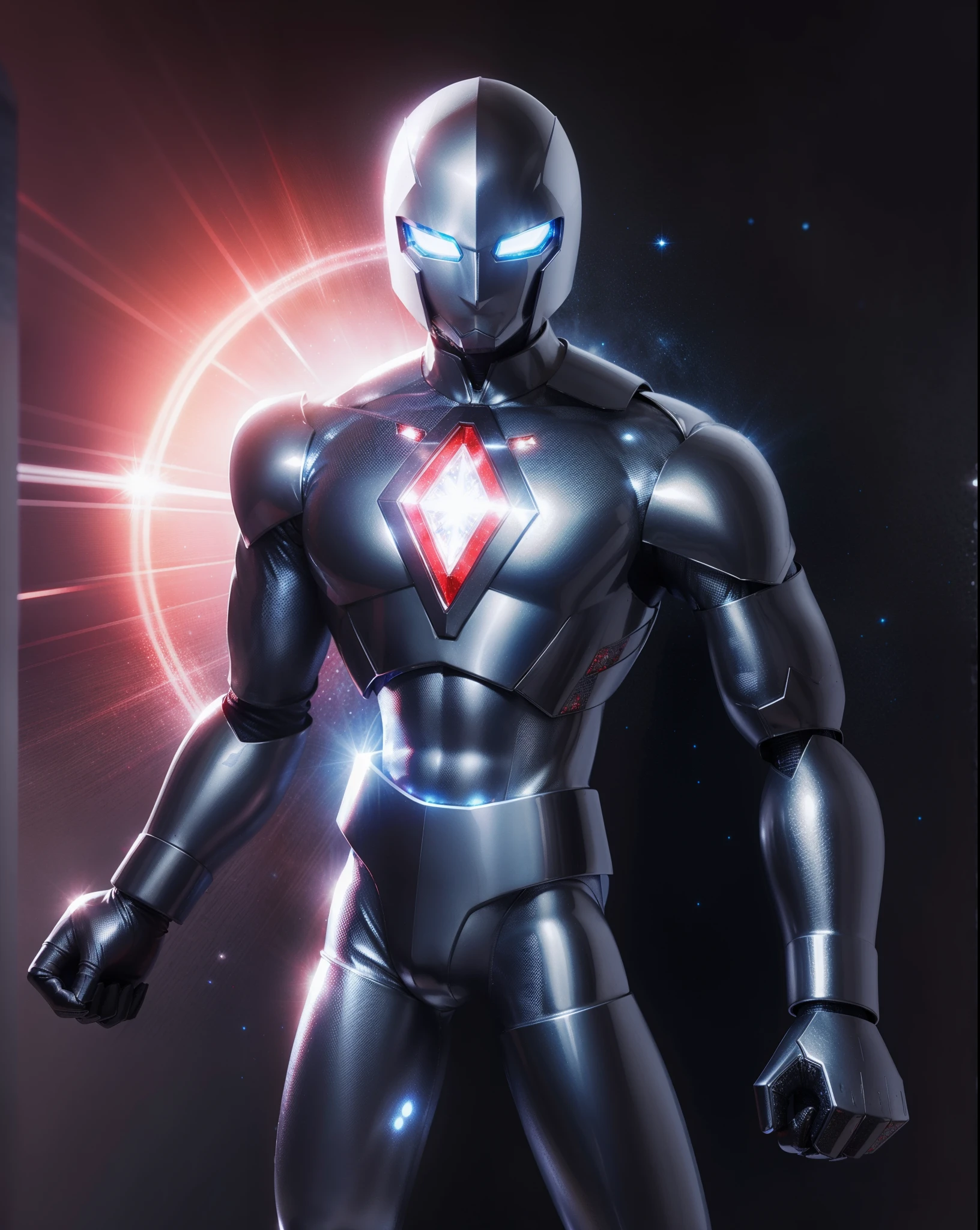 High quality, silver and red body, shiny body, white crystals for eyes, blue crystals on chest, night background, silver hero suit, hero's head covered,