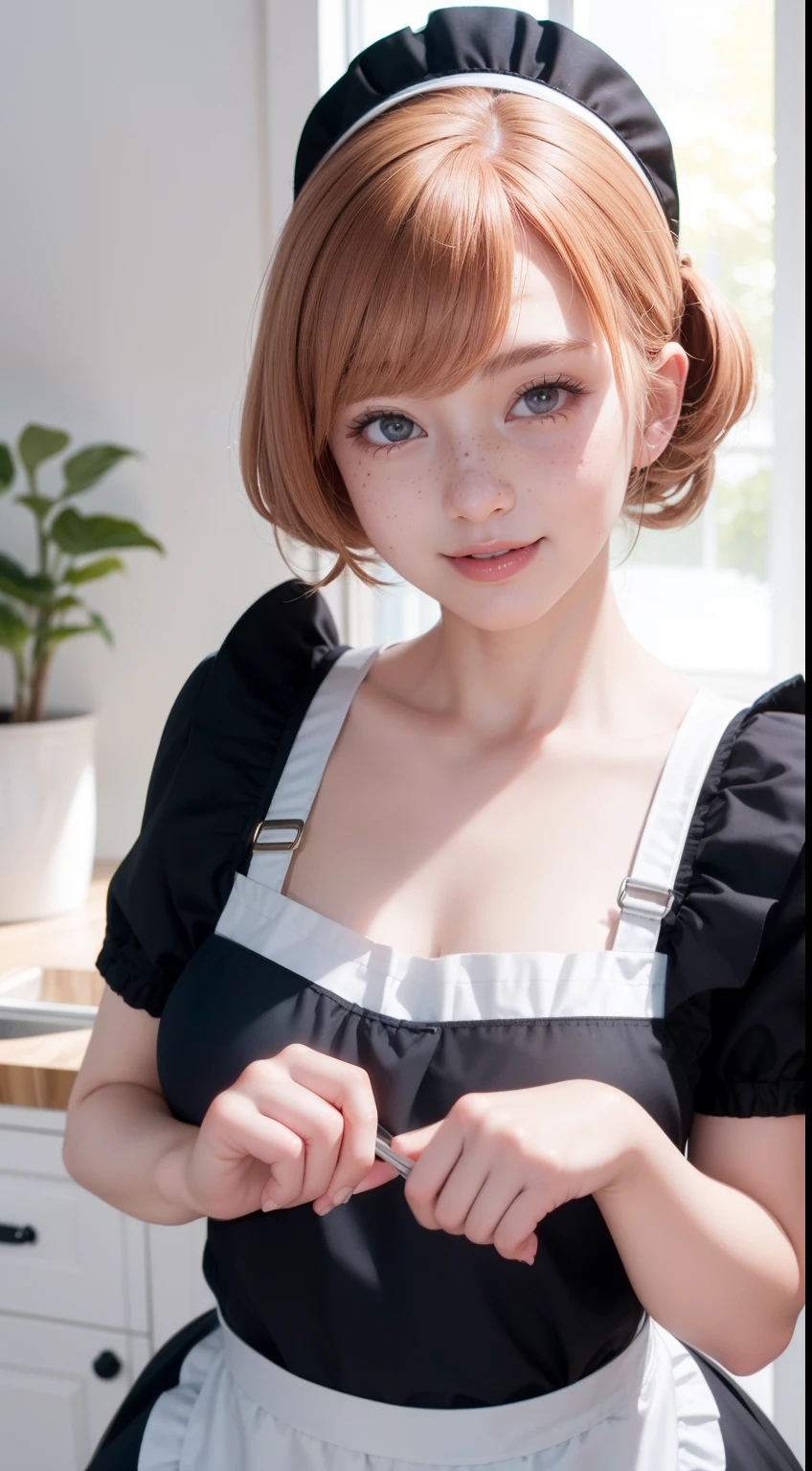 Closeup portrait of playful maid, cropped hair, apron, amazing body, pronounced femininity, plump, kitchen, [ash blonde|ginger|pink hair], freckles, flirting with camera