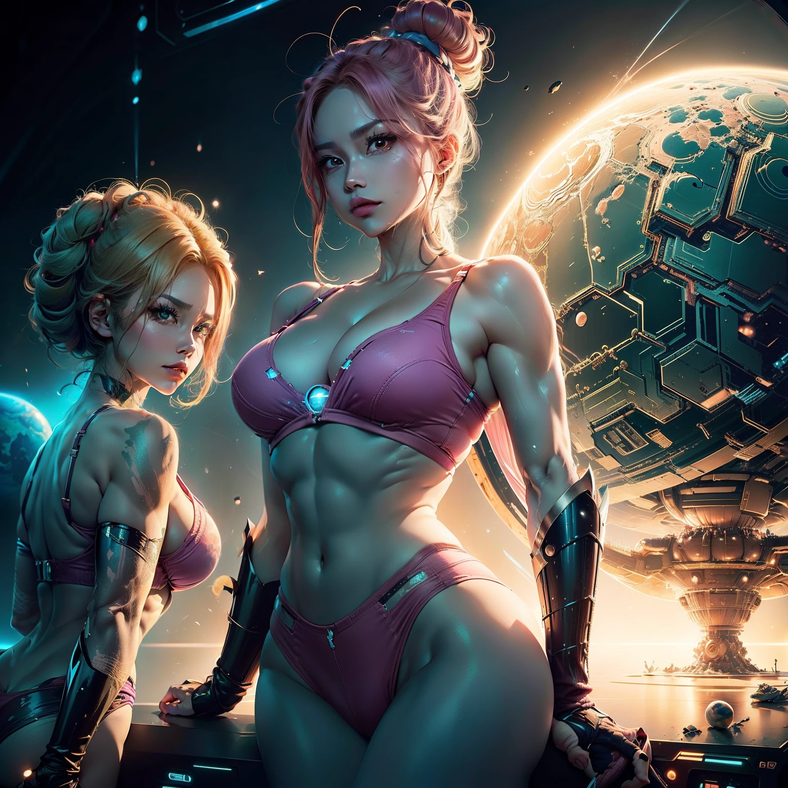 Personagem ultrarrealista inspirado em Dragon Ball z , in space with an exploding planet, ao fundo diante de uma guerra estelar, in pink panties and bra.