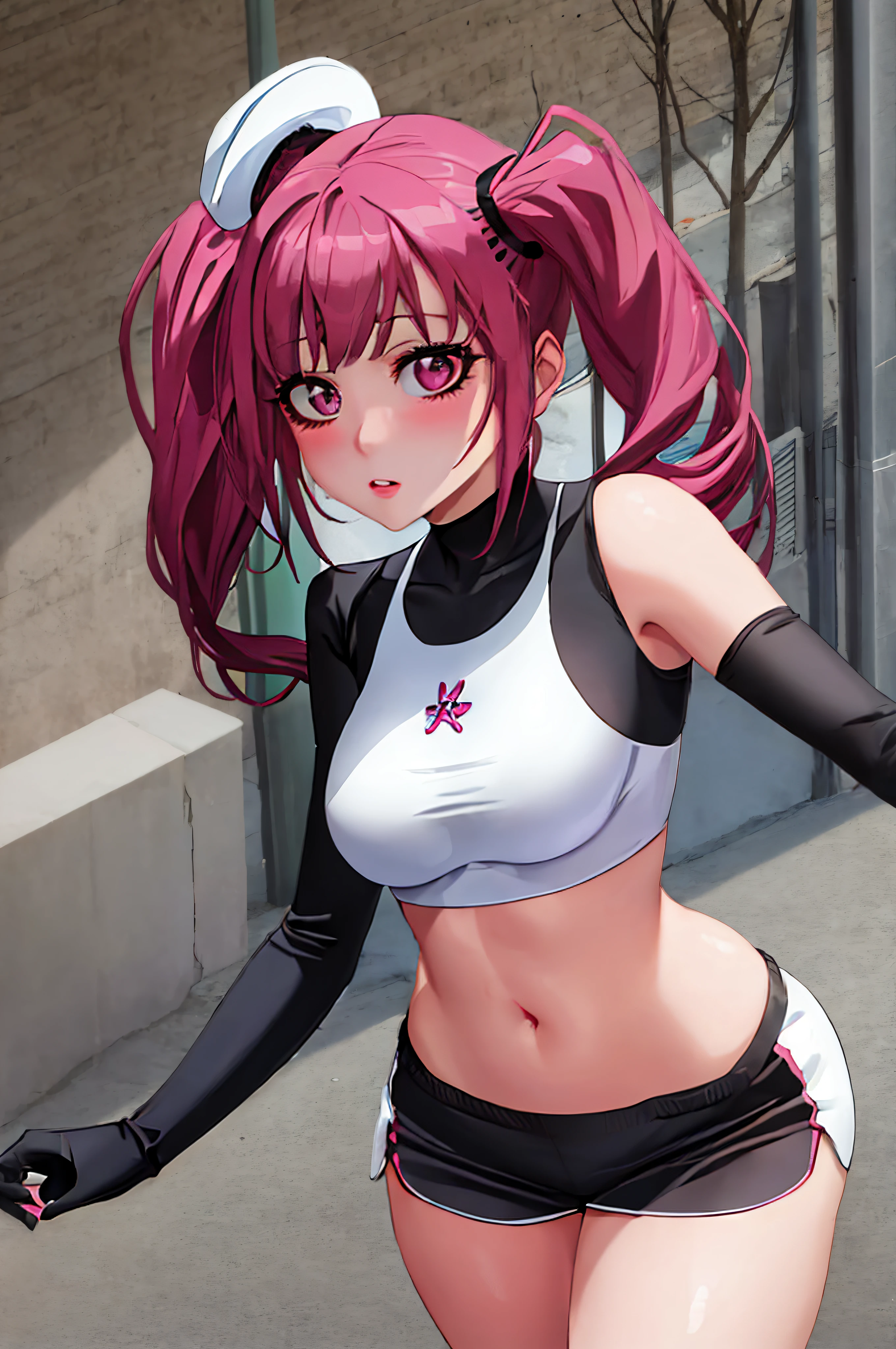 "Portrait of Riruka in her 20s, outside in a quiet town street, showcasing a moderate bust and soft rosy cheeks, wearing a sports bra and booty shorts, while sporting a demure expression and stylish Twintails.". Her expression is full of anger."