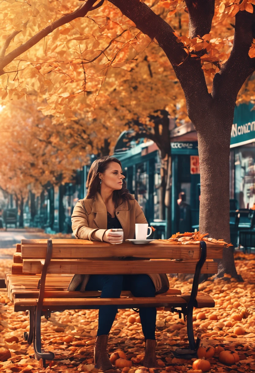 Autumn sky　Autumn morning　colouring　tree-lined street　stroll　Woman drinking coffee　　Top image quality　hight resolution　award - winning photo　digitalart　femele　Woman with dark hair　Commuting to work　Adult Girls