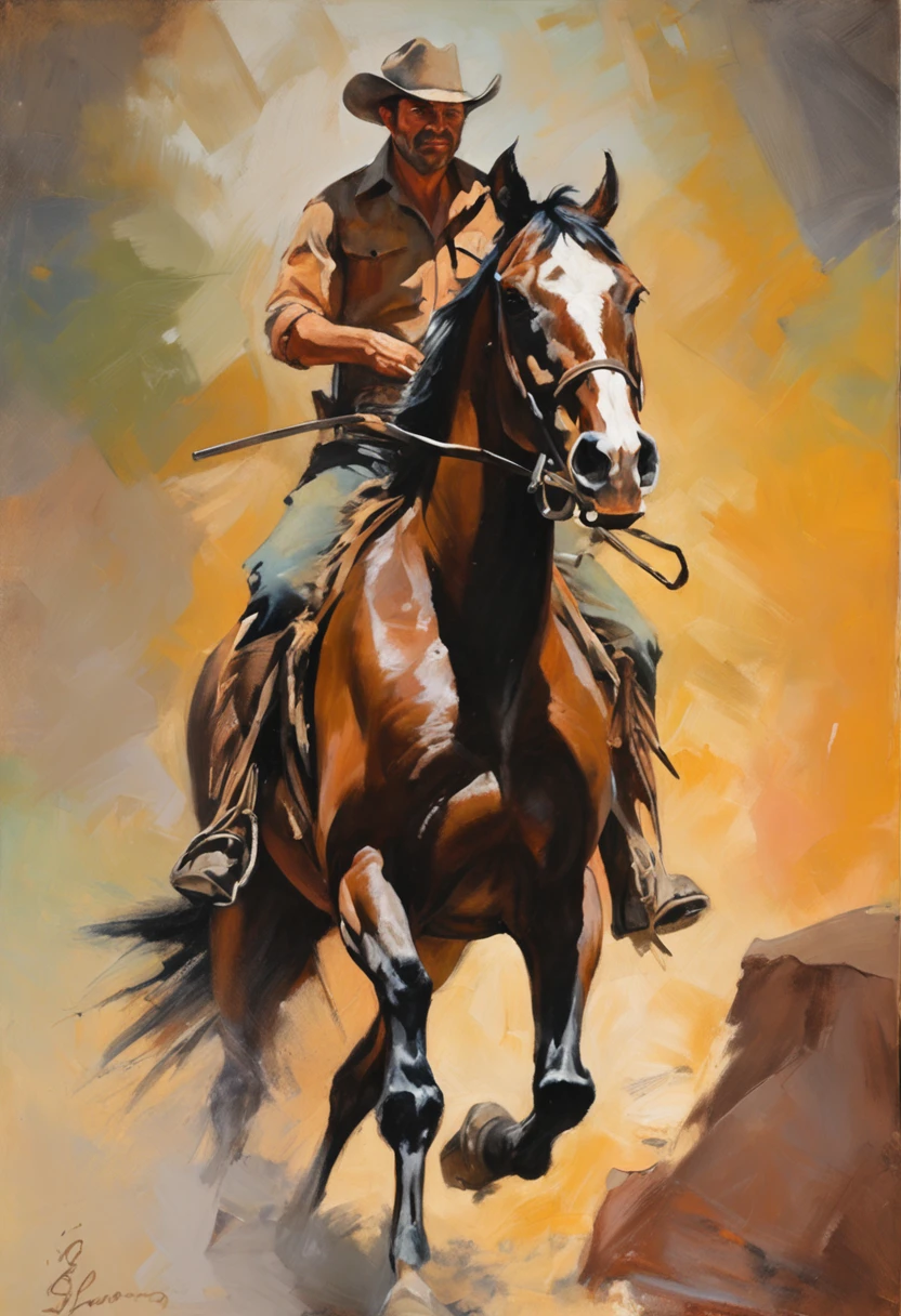 A cowboy (Clint East Wood) with gun in hand, ((angry 1.4)), raiding a running horse, Screaming, action, dark side, Mystery , Dark Background, pastels, by harry bush, James Montgomery Flagg and Lois van Baarle and jim french and rossdraws, detailed realistic eyes, big bare feet, large bulge in crotch, very handsome, beautiful
