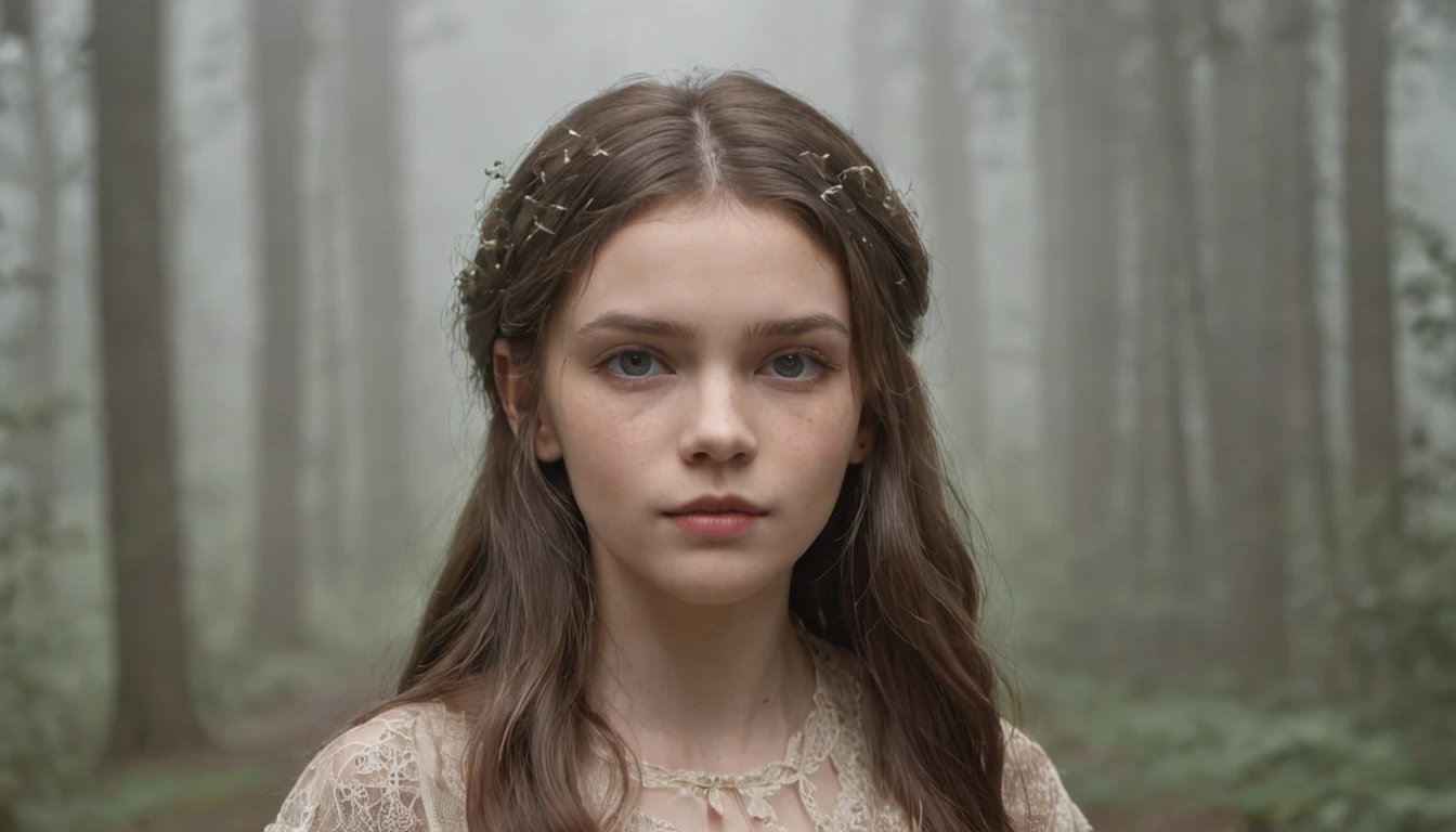 Background: A misty forest shrouded in morning fog.
Character: A young girl (Evelyn) in tattered clothes, walking with a sense of purpose.