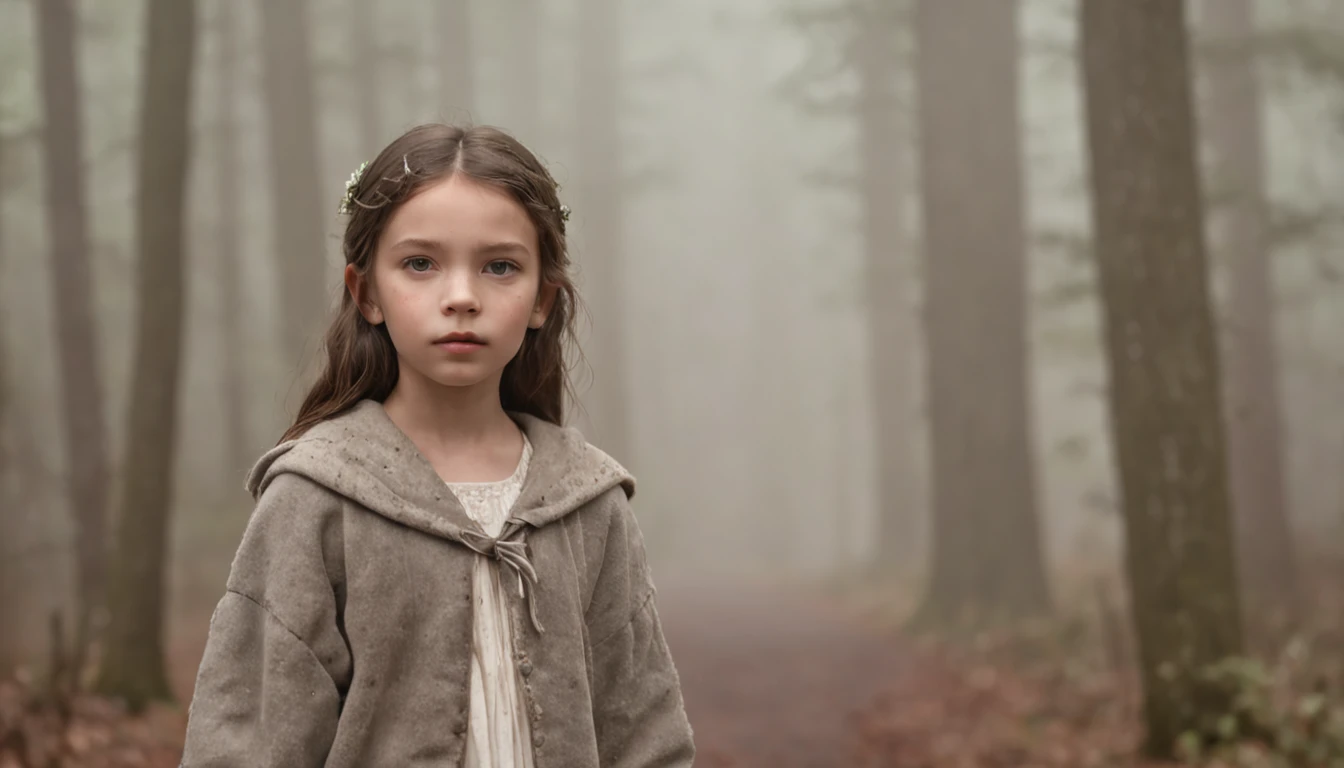 Background: A misty forest shrouded in morning fog.
Character: A young girl (Evelyn) in tattered clothes, walking with a sense of purpose.