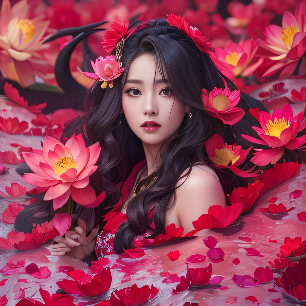32K(tmasterpiece,k hd,hyper HD,32K)Large flowing curls,Flowing rouge,ponds,zydink, a color, Asian people (Silly girl), (Silk scarf), Combat posture, looking at the ground, Large rolls of rouge, Flowing rouge curls, Crocodile skin skull headdress, Chinese long-sleeved clothing, (abstract ink splash:1.2), Pink lotus background,Water lily flower protector(realisticlying:1.4),Rouge hair,Autumn is in full swing,The background is pure, A high resolution, the detail, RAW photogr, Sharp Re, Nikon D850 Film Stock Photo by Jefferies Lee 4 Kodak Portra 400 Camera F1.6 shots, Rich colors, ultra-realistic vivid textures, Dramatic lighting, Unreal Engine Art Station Trend, cinestir 800,Large curls,Flowing rouge