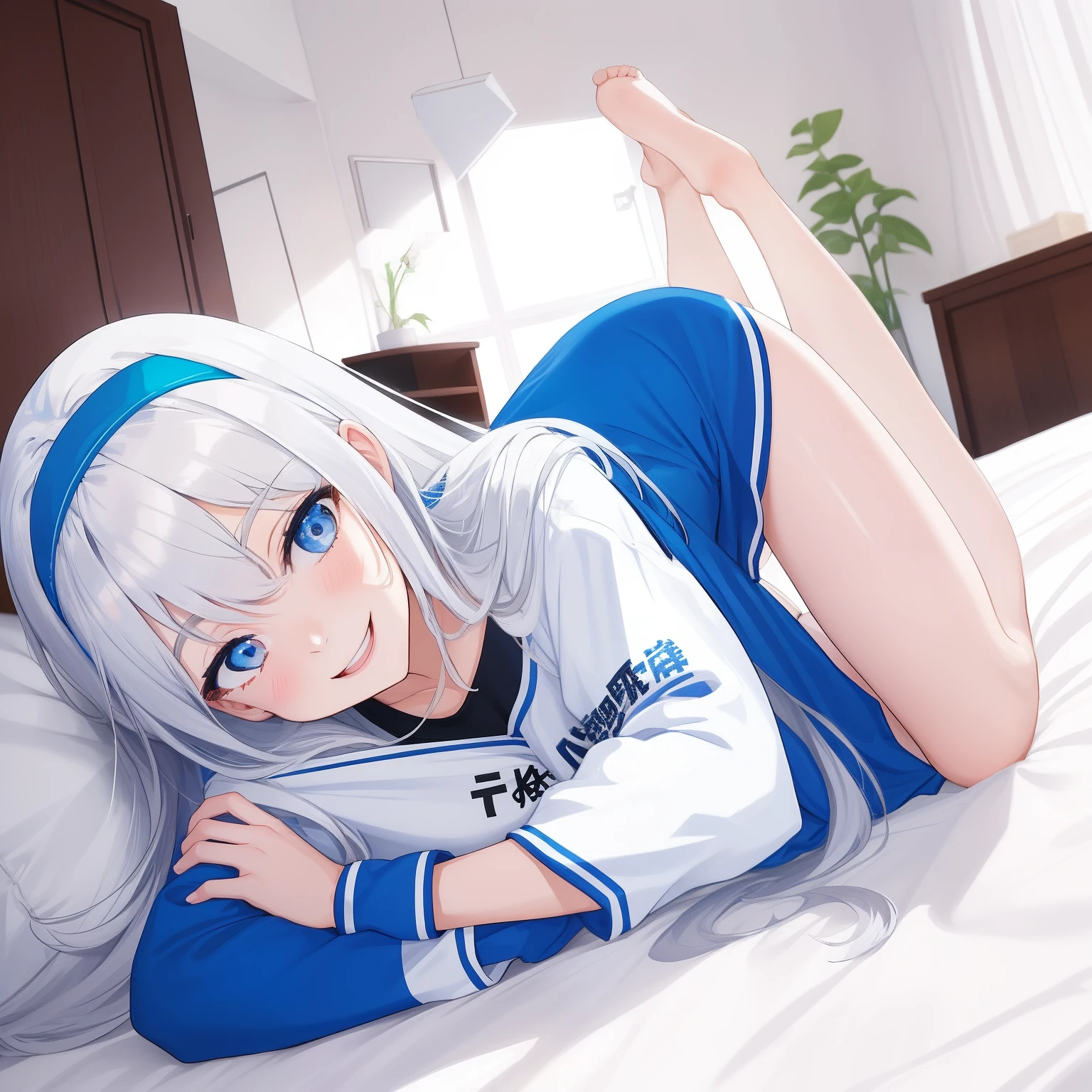 1 woman, fullbody, big t-shirts, white hair, blue eye, long hair, happy, smile, , dynamic angle, blue hairband, one-piece dress, bed room, hentai