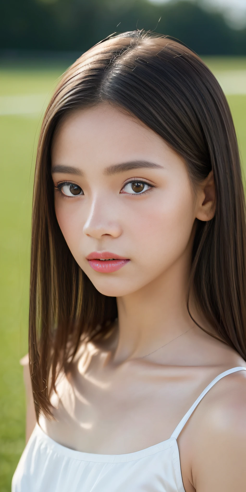 neat, petite, (long white silk camisole, white panties), outside the athletic field, (slim, small, flat), photorealistic, detail, skin texture, ultra detail, delicate sexy collarbone, super detailed face, detailed lips, detailed eyes, double eyelids, 10 year old girl, sexual expression