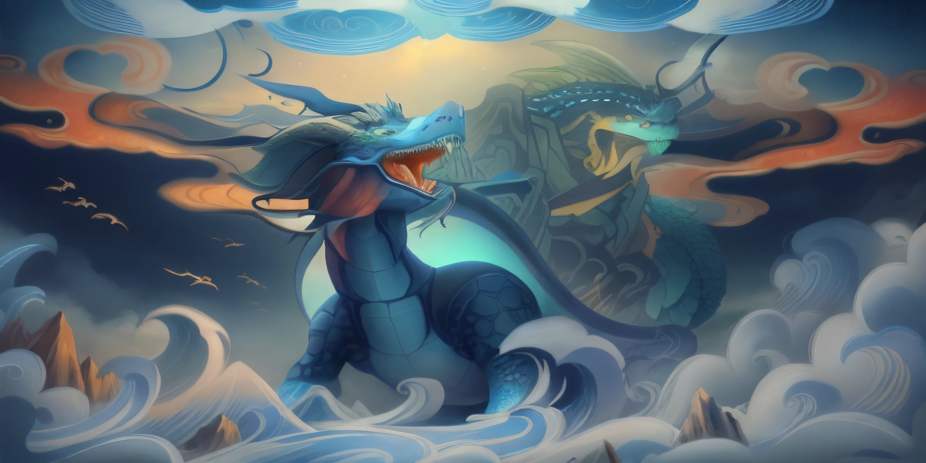 In Vickers style,The graphics in the poster design are in marine colors,Chinese dragon turtle in ink painting,Turtle and dragon combination,As a water god,Lives in the North Sea,Control thunderstorms at sea,Ancient Chinese turtles,drak,Mare,stony,Auspicious clouds,wide wide shot,depth of fields,God Ray,style of anime