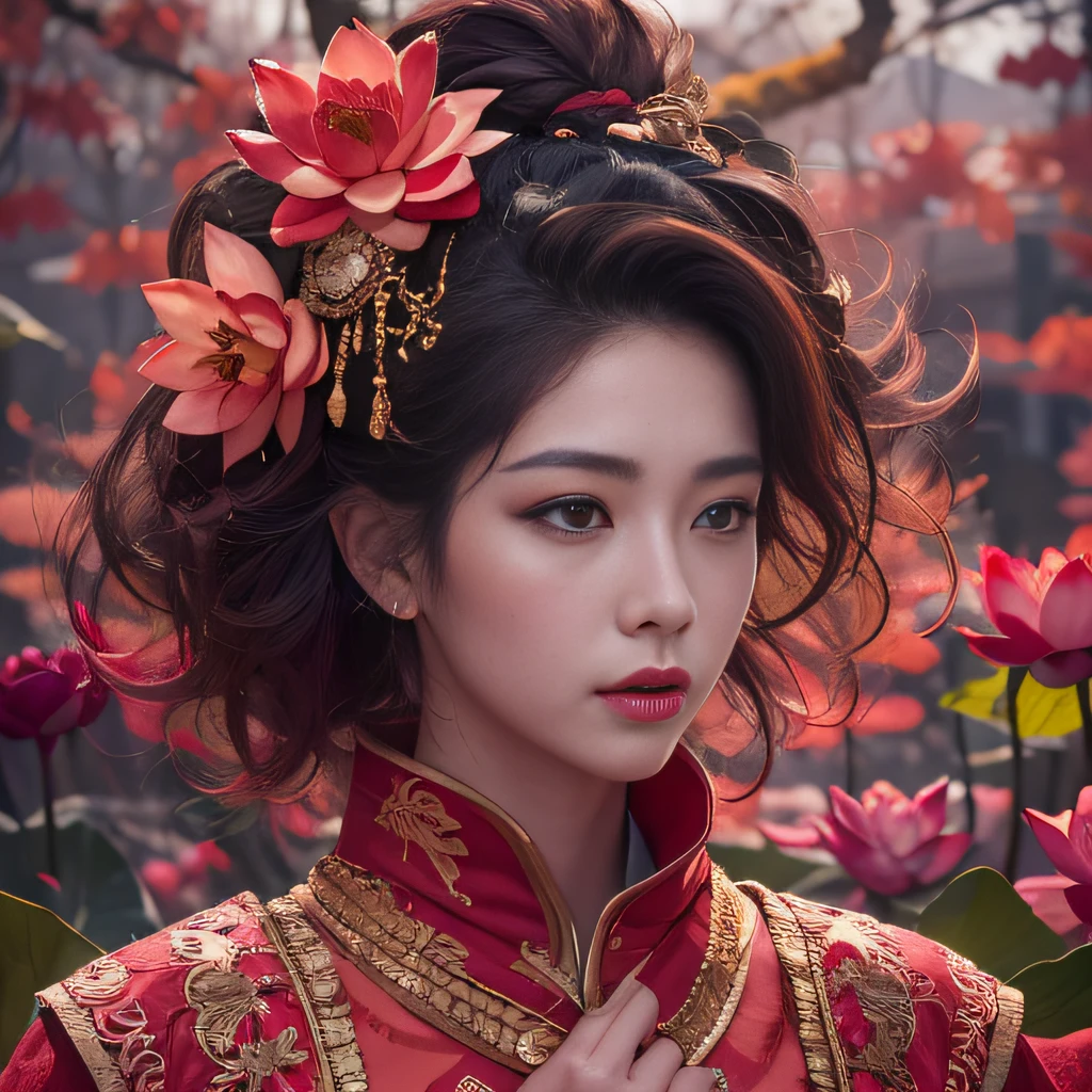 32K(tmasterpiece,k hd,hyper HD,32K)Flowy large curly hair,Flowing rouge,ponds,zydink, a color, Asian people (Silly girl), (Silk scarf), Combat posture, looking at the ground, Large rolls of rouge, Flowing rouge curls, Crocodile skin skull headdress, Chinese long-sleeved clothing, (abstract ink splash:1.2), Pink lotus background,Water lily flower protector(realisticlying:1.4),Rouge hair,Autumn is in full swing,The background is pure, A high resolution, the detail, RAW photogr, Sharp Re, Nikon D850 Film Stock Photo by Jefferies Lee 4 Kodak Portra 400 Camera F1.6 shots, Rich colors, ultra-realistic vivid textures, Dramatic lighting, Unreal Engine Art Station Trend, cinestir 800,Large curls,Flowing rouge