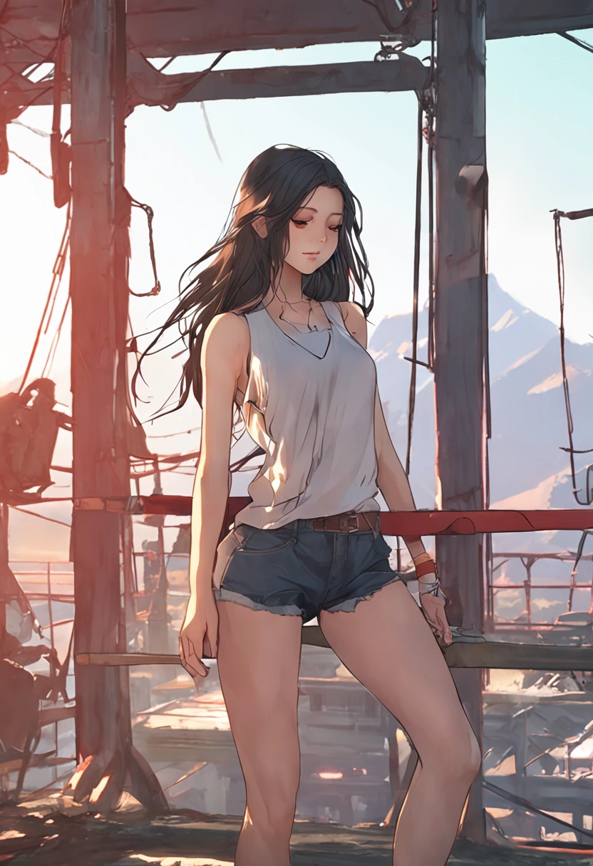 1 girl in、full body Esbian、A dark-haired、The long-haired、Shoulders exposed、Unclear、Detailed clothing、Yoga Pants、Unclear、Tank tops、(delicate illustration:1.4)、(masterpiece:1.0)、(top-quality:1.4)、(超A high resolution:1.2)、(Photorealsitic:1.4)、(8K、Raw photography:1.2)、(softfocus:1.4)、(18year old:1.3)、(foco nítido:1.4)、detailed beautiful faces