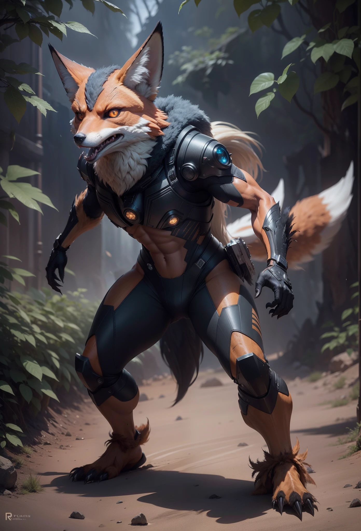 Sci fi humanoid creature with the feathers of a fox and mutant traits similar to rocket teeth, expressive, serious angry face, expressive real photography, natural light, photorealism, cinematic rendering, ray tracing, the highest quality, the highest detail, Cinematic, Third-Person View, Long Exposure, 8K, Ultra-HD, Natural Lighting, Moody Lighting, Cinematic Lighting