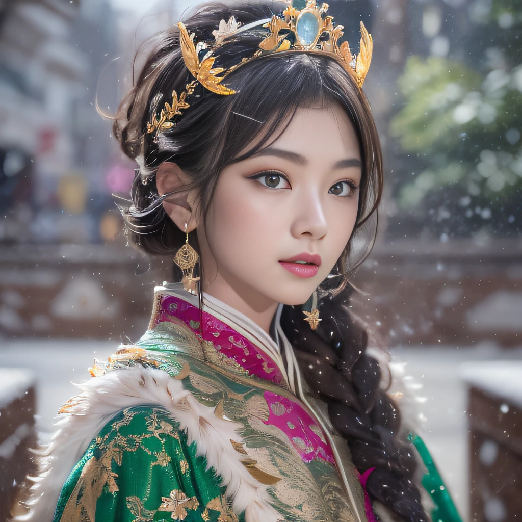 16k（tmasterpiece，k hd，hyper HD，16k）Burgundy red flowing short hair，Snow Circle Forbidden Land ，Yellow and Green Dragon Protector （realisticlying：1.4），Python pattern robe，Purple-pink tiara，Snowflakes fluttering，The background is pure，Hold your head high，Be proud，The nostrils look at people， A high resolution， the detail， RAW photogr， Sharp Re， Nikon D850 Film Stock Photo by Jefferies Lee 4 Kodak Portra 400 Camera F1.6 shots, Rich colors, ultra-realistic vivid textures, Dramatic lighting, Unreal Engine Art Station Trend, cinestir 800，Hold your head high，Be proud，The nostrils look at people