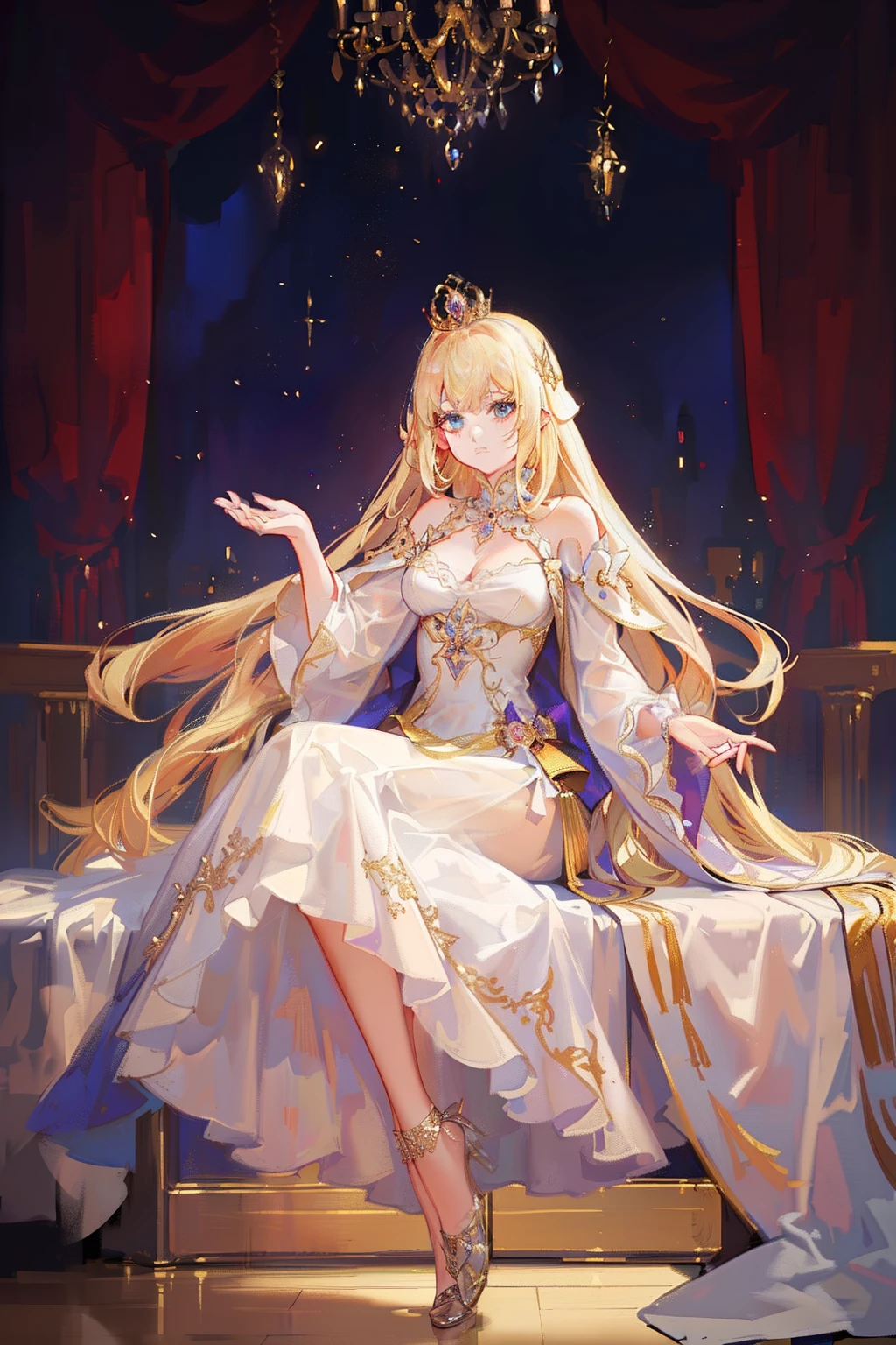 A palatial royal palace,Resplendent,palace,Blonde Rapunzel,Wear a crown,Gorgeous princess dress,ellegance