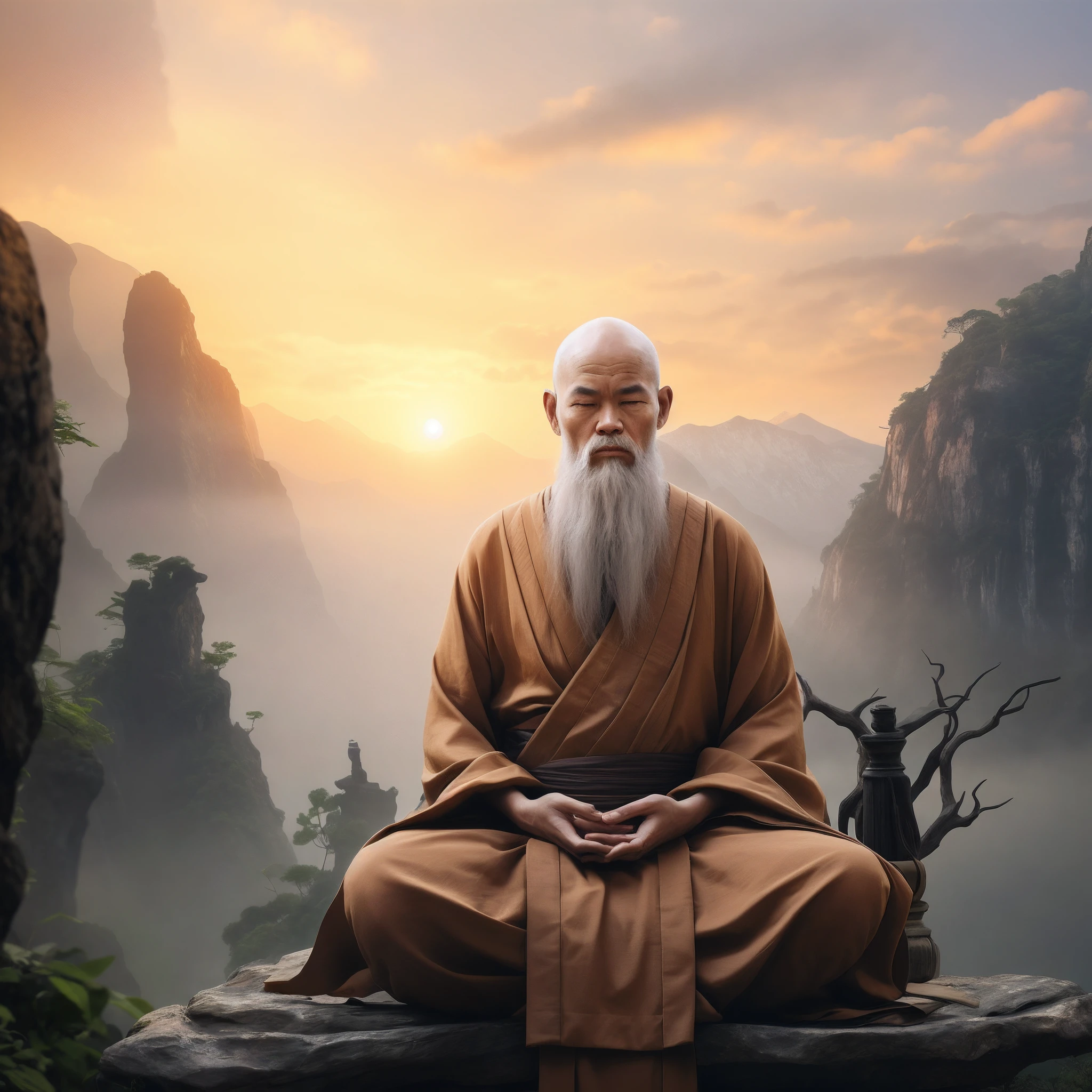 Image of a Chinese monk sitting on a rock，The face is kind，Rounded face，A man with a white beard, monk meditation, Zen meditation, Taoist master, Chinese monk， Taoism, Taoist, Daoism, floating in a powerful zen state, 2 1 st century monk, zen aesthetic, monk, Chinese monk, concept art of a monk，Facing the camera squarely，Wise eyes