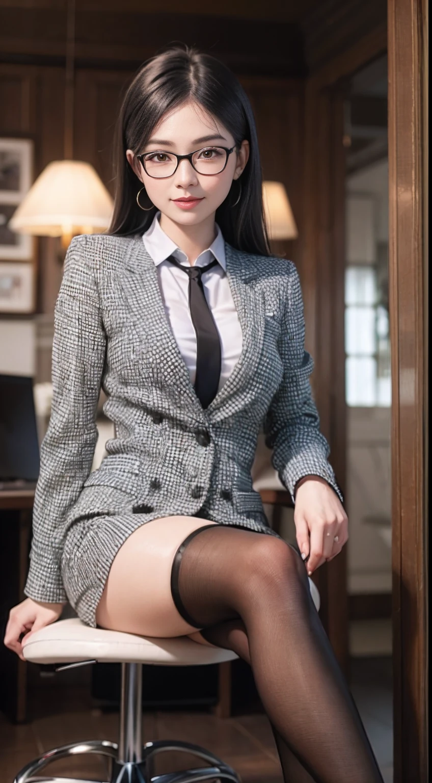 Enhanced dynamic perspective，Cute cute beautiful girl，Secretarial outfit，wears glasses，（blackstockings：1.4），high-heels，ellegance，Look at me and smile，simple backgound，Works of masters，high qulity，4K分辨率，super-fine，Detailed pubic hair，Accurate，Cinematic lighting，