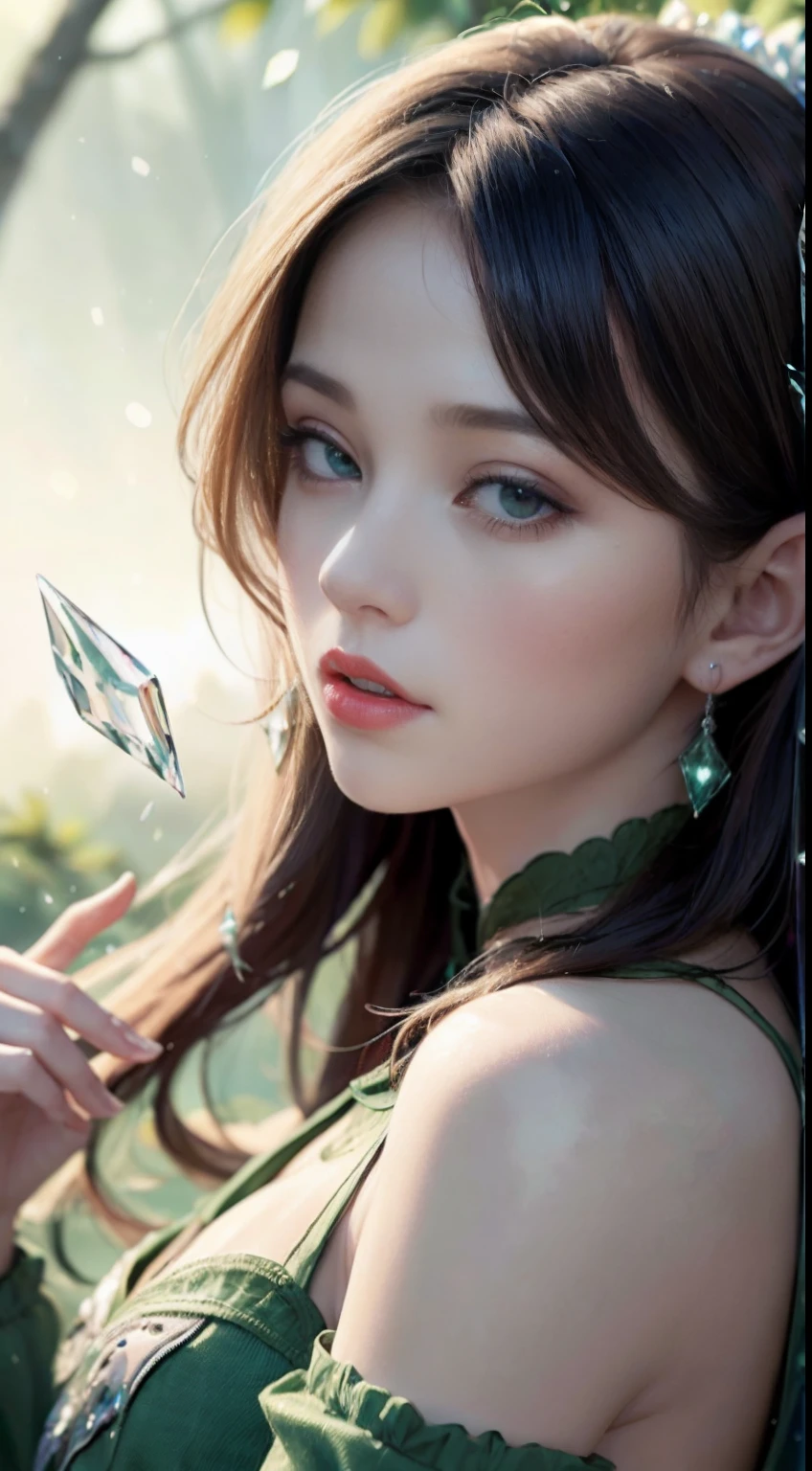 (Masterpiece, Top Quality, Best, Official Art, Beautiful and Aesthetic, Long Exposure: 1.2), Smooth Movement, Charming Patterns, 1 Girl, (Long Dress with Sleeves: 1.3), (((Green Clothes) )), upper body close-up, bare shoulders, Chinese girl, blush, black lob hair, portrait, solo, upper body, looking at the observer, detailed background, detailed face, (crystallineAI, crystalline theme:1.1), elemental wood elf, rotation foliage, control foliage, emerald clothing, dynamic pose, floating particles, ethereal dynamics, foliage, vapor, forest in the background, green tint, forest, ethereal atmosphere,