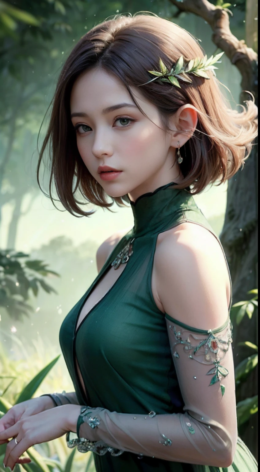 (Masterpiece, Top Quality, Best, Official Art, Beautiful and Aesthetic, Long Exposure: 1.2), Smooth Movement, Charming Patterns, 1 Girl, (Long Dress with Sleeves: 1.3), (((Green Clothes) )), upper body close-up, bare shoulders, Chinese girl, blush, black lob hair, portrait, solo, upper body, looking at the observer, detailed background, detailed face, (crystallineAI, crystalline theme:1.1), elemental wood elf, rotation foliage, control foliage, emerald clothing, dynamic pose, floating particles, ethereal dynamics, foliage, vapor, forest in the background, green tint, forest, ethereal atmosphere,