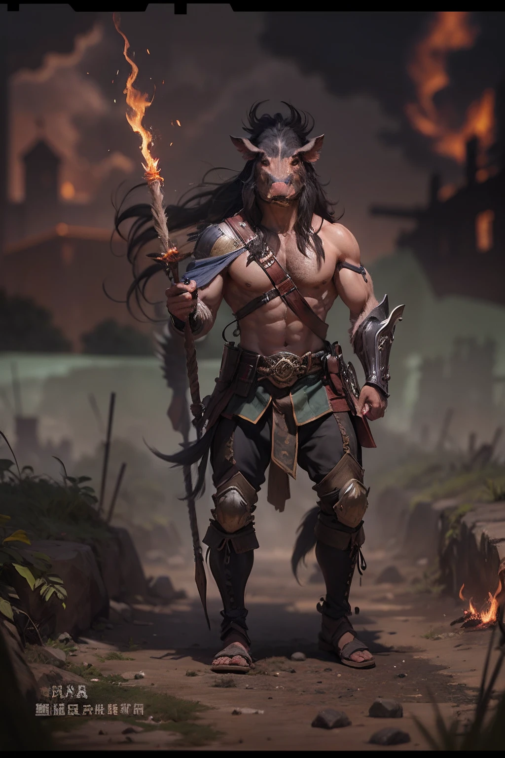 （anthropomorphic turtle），（Boar warriors：1.4），coda，a tall body，Stout limbs，disdain，ran，tosen，The long hairs of the flame fluttered in the wind，combats，Dynamic lines，Dimly lit battlefield，Ruined castle，（stereoscopic perspective：1.4），Works of masters，super-fine，4K分辨率，high qulity，电影灯光，High picture detail，Detailed pubic hair，Epic shooting，Clearly focused hair，Detailed hair depiction，acurate