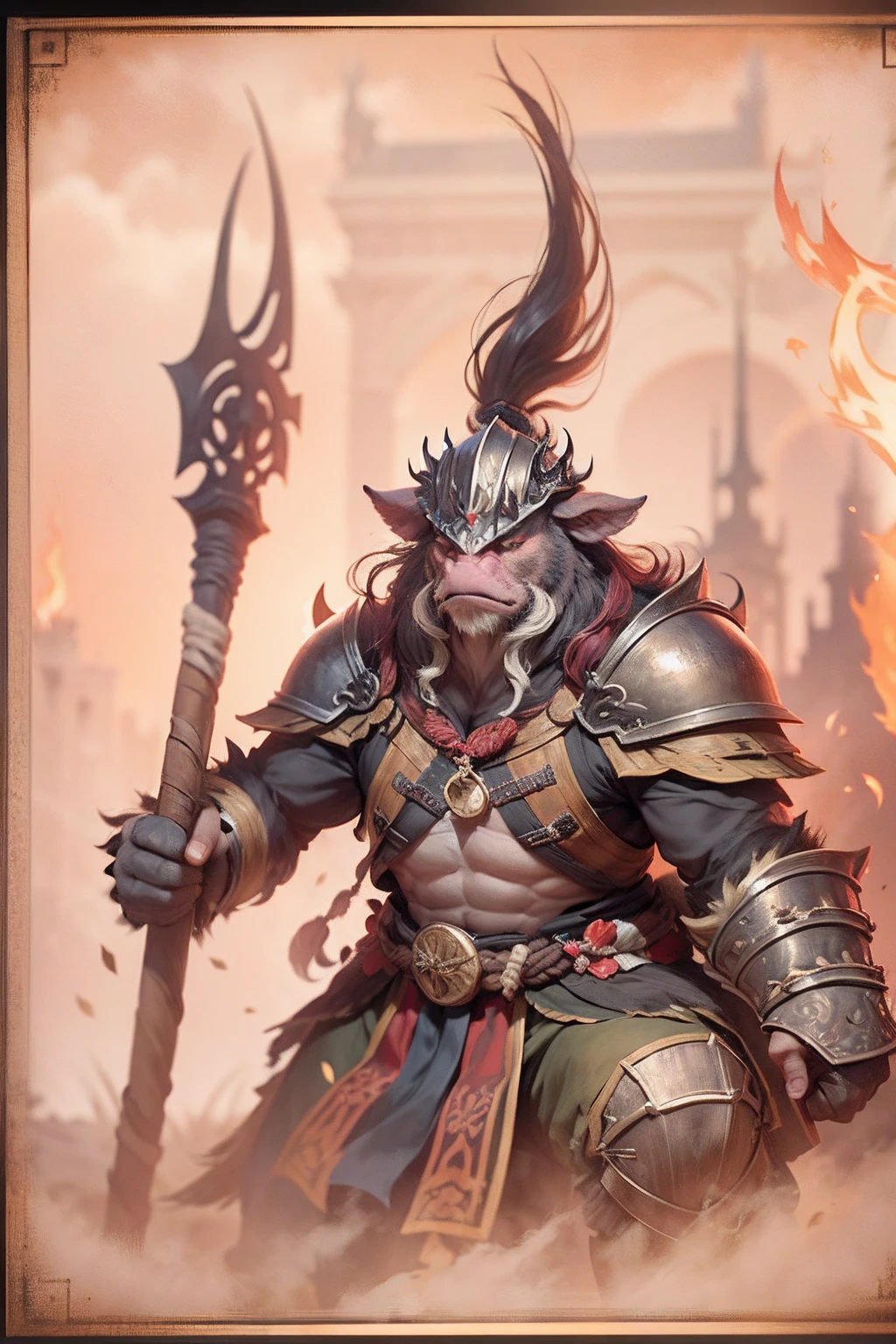 (anthropomorphic turtle),(Boar warriors:1.4),coda,a tall body,Stout limbs,disdain,ran,tosen,The long hairs of the flame fluttered in the wind,combats,Dynamic lines,Dimly lit battlefield,Ruined castle,(stereoscopic perspective:1.4),Works of masters,super-fine,4K分辨率,high qulity,电影灯光,High picture detail,Detailed pubic hair,Epic shooting,Clearly focused hair,Detailed hair depiction,acurate