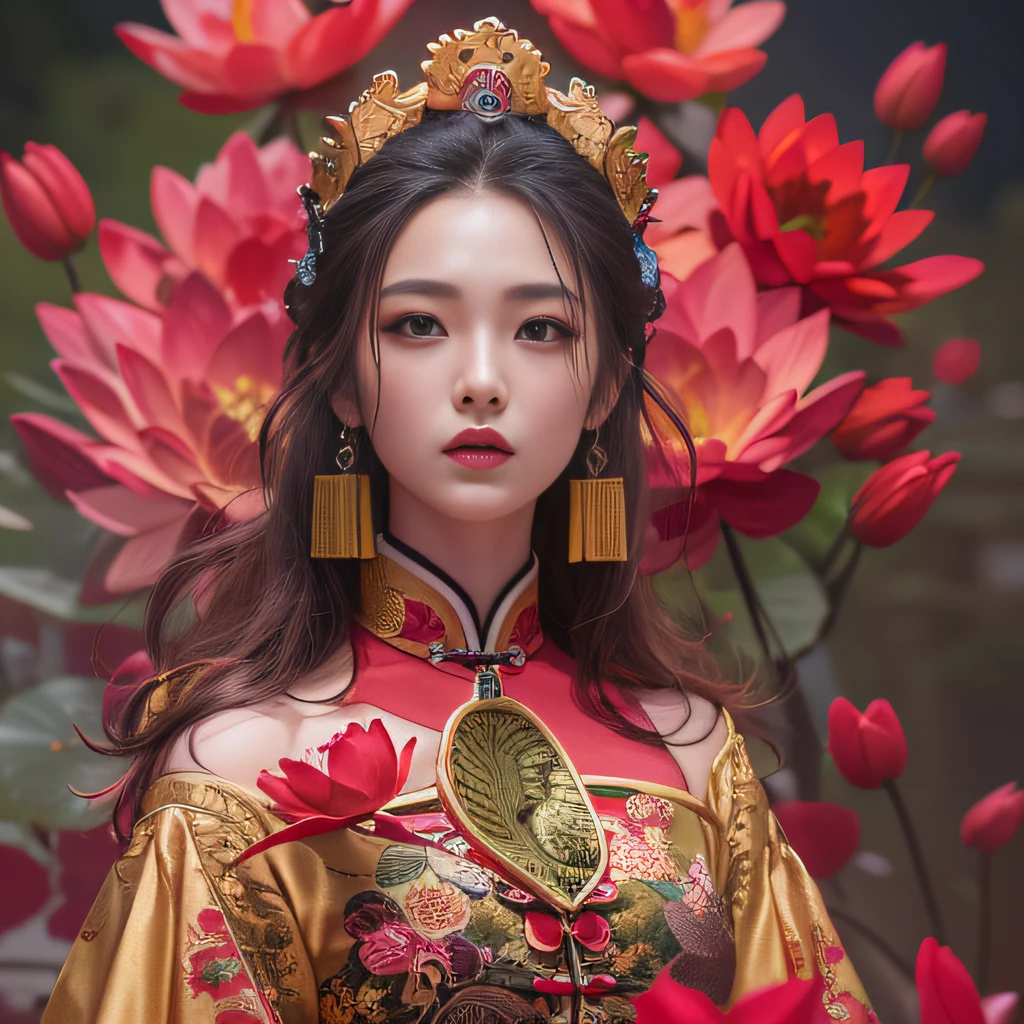 32K（tmasterpiece，k hd，hyper HD，32K）Flowy large curly hair，Flowing rouge，ponds，zydink， a color，  Asian people （Silly girl）， （Silk scarf）， Combat posture， looking at the ground， Large rolls of rouge， Flowing rouge curls， Crocodile skin skull headdress， Chinese long-sleeved clothing， （abstract ink splash：1.2）， Pink lotus background，Water lily flower protector（realisticlying：1.4），Rouge hair，Autumn is in full swing，The background is pure， A high resolution， the detail， RAW photogr， Sharp Re， Nikon D850 Film Stock Photo by Jefferies Lee 4 Kodak Portra 400 Camera F1.6 shots, Rich colors, ultra-realistic vivid textures, Dramatic lighting, Unreal Engine Art Station Trend, cinestir 800，Large curls，Flowing rouge