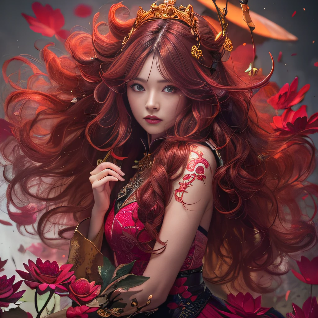 32K(tmasterpiece,k hd,hyper HD,32K)Flowy large curly hair,Flowing rouge,ponds,zydink, a color, Asian people (Silly girl), (Silk scarf), Combat posture, looking at the ground, Large rolls of rouge, Flowing rouge curls, Crocodile skin skull headdress, Chinese long-sleeved clothing, (abstract ink splash:1.2), Pink lotus background,Water lily flower protector(realisticlying:1.4),Rouge hair,Autumn is in full swing,The background is pure, A high resolution, the detail, RAW photogr, Sharp Re, Nikon D850 Film Stock Photo by Jefferies Lee 4 Kodak Portra 400 Camera F1.6 shots, Rich colors, ultra-realistic vivid textures, Dramatic lighting, Unreal Engine Art Station Trend, cinestir 800,Large curls,Flowing rouge