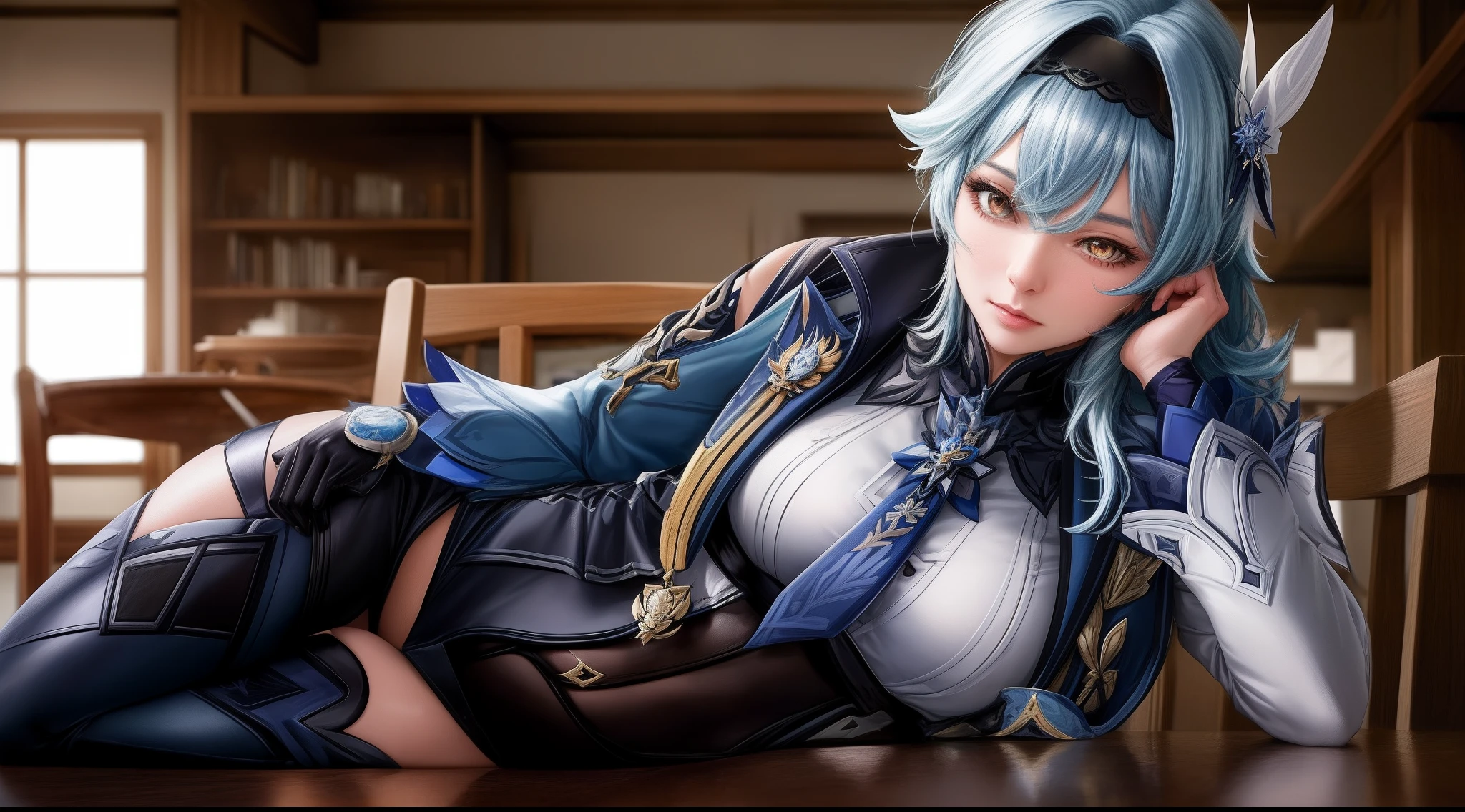 (Masterpiece, Best Quality 1.2),a girl ,euladef, solo, blue hair, blue tie, purple eyes, reflection, looking at the audience, Facing the audience,beautiful, Over-the-knee boots，boots, high heels, beautiful (detailed eyes, detailed face 1.3), sitting on chair, chair, legs open, M word leg open, masturbation, masturbation, hands on the crotch, lewdness, (kinky water: 1.8), (kinky water under the crotch: 1.8)，saliva trail，(sexual secretion:1.3),(nsfw1.1)