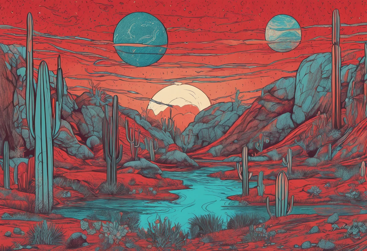 an image of saturn, planets and stars in cactus, in the style of amanda sage, terragen, post-apocalyptic backdrops, flowerpunk, childe hassam, pop-inspired imagery, red and blue
