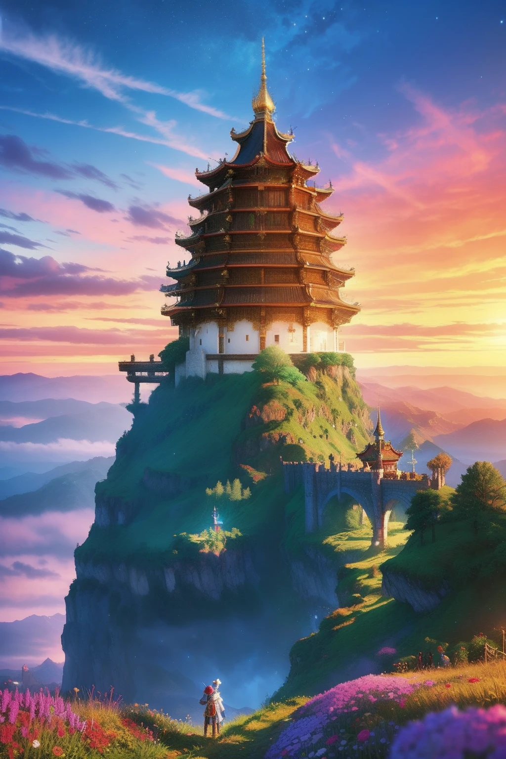 pixel game《dragon quest》，Game character design，（cavalier：1.4），European castle，Thick clouds，surrounded by cloud，16-bit pixel art