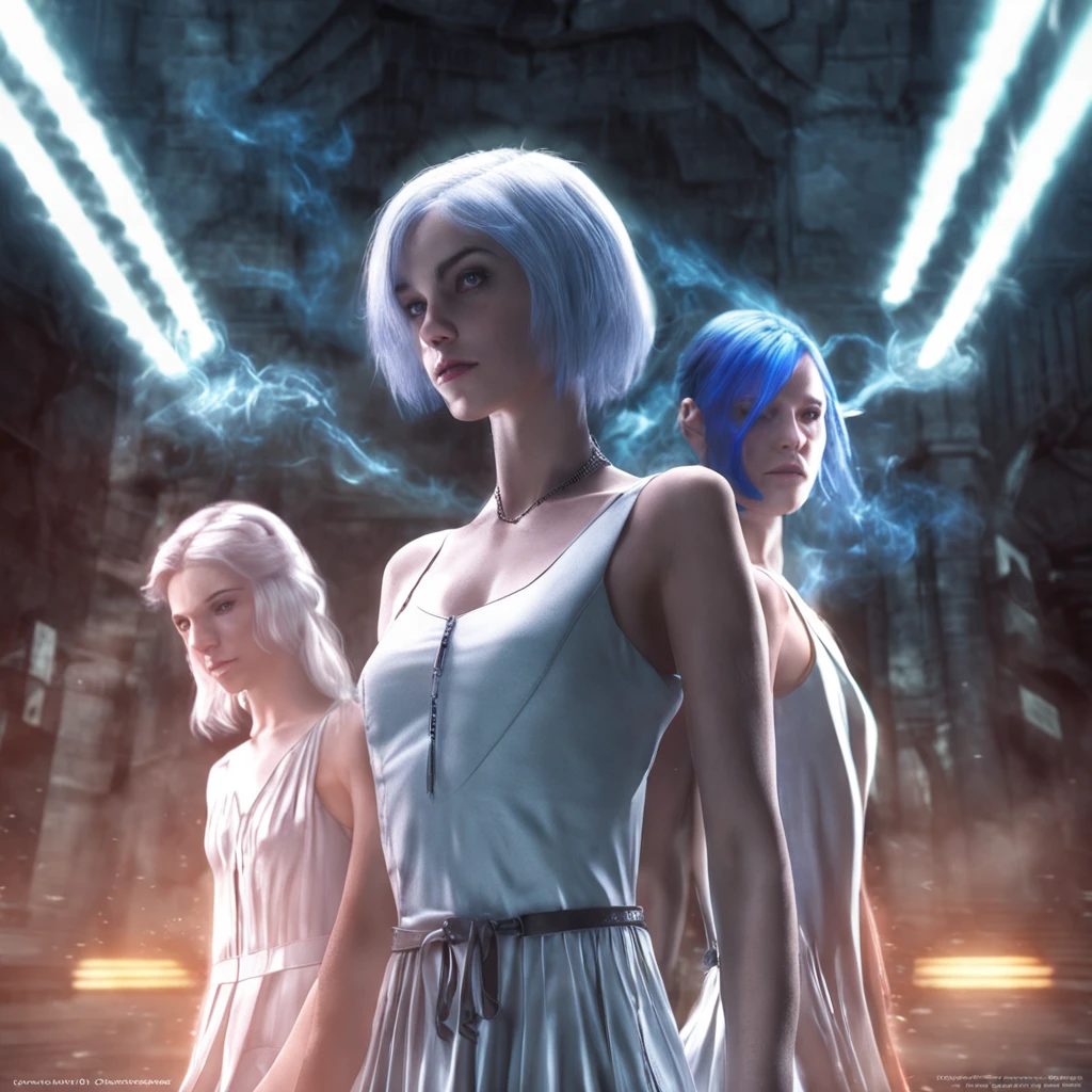 Two girls, white and blue hair, sleeveless dress, dungeon, dramatic lighting, lens flare, slightly dark