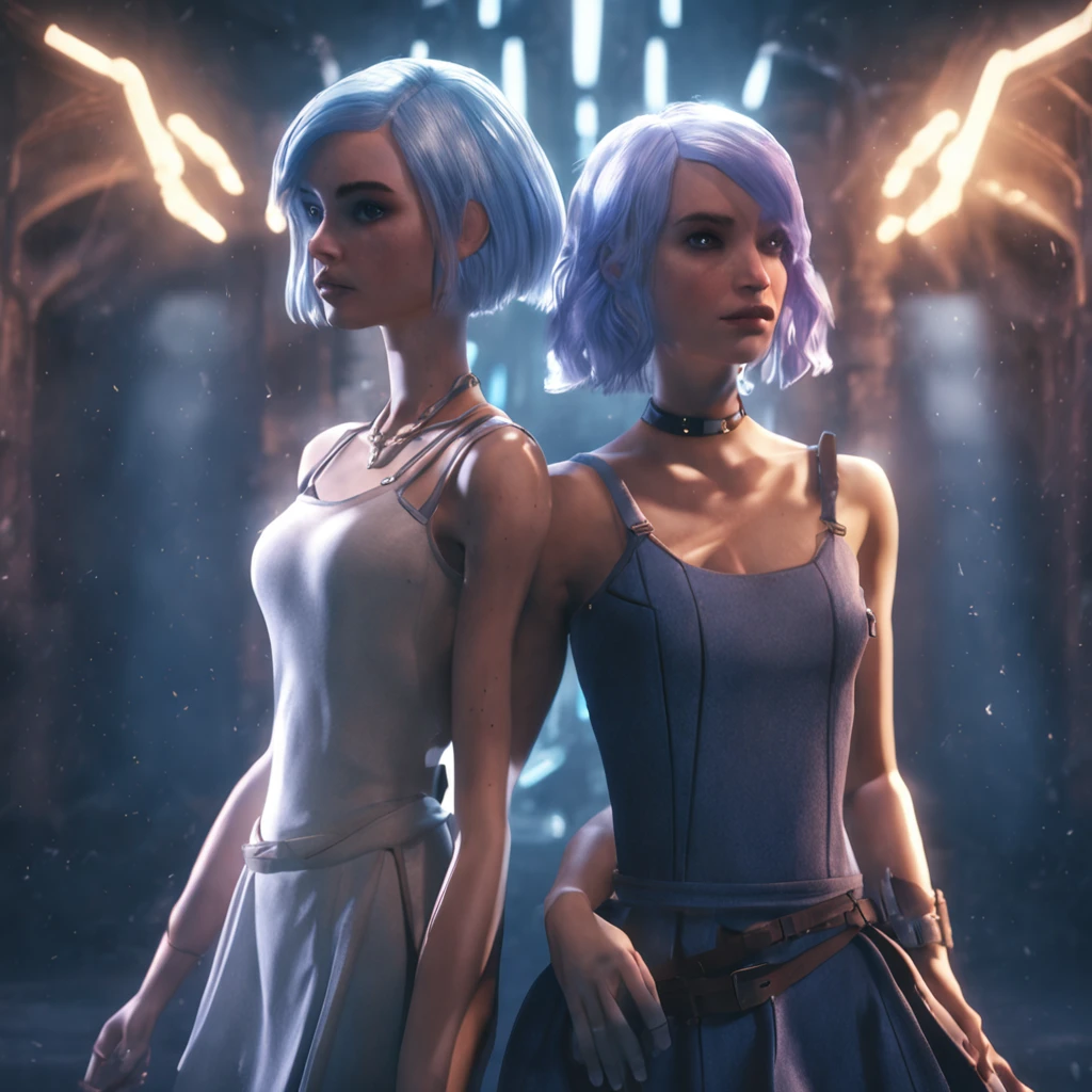 Two girls, white and blue hair, sleeveless dress, dungeon, dramatic lighting, lens flare, slightly dark