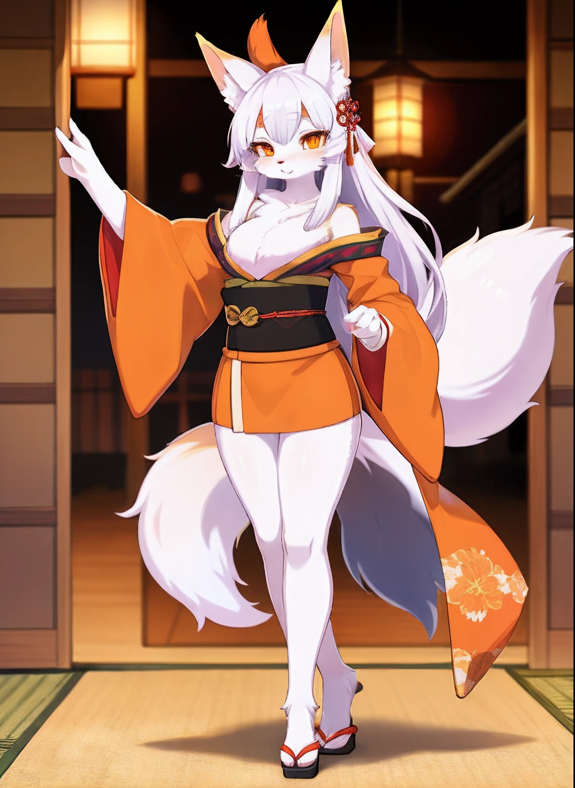 Fox, female, anthropomorphic, orange eyes with long lashes, white fur, long hair, beautiful face, graceful and elegant figure, lithe body, multiple tails, wearing long kimono, traditional Japanese home.