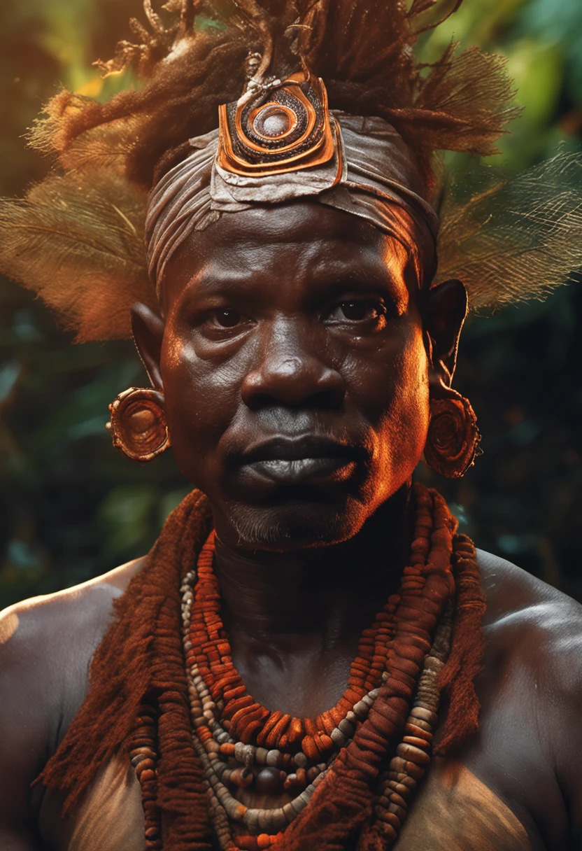 (Professional 3D rendering:1.3) de (Realistic:1.3) Foto de arte mais bonito do mundo，Caboclo Breaks Xangô Forest,Indian Man, Mestiza, aspecto guerreiro,forte e corajoso, vestindo um ade de penas vermelhas,marrom, penas verdes. intrincado, entidade da umbanda, rosto pintado vermelho,verde,olhar penetrante, cosmic god, Cosmic astrofotografiaeus,impressionismo,Afrofuturista, close rosto, 8k unidade render, poros da pele, very dark lighting, sombreamento pesado, circunstanciado, rosto detalhado, (Vibrando, fotografia realista, Realistic, Dramatic, Escuro, foco nítido, 8k), (Roupas africanas de tribos :1.4), ((((use tecidos)))), (intrincado:1.4), decadente, (altamente detalhado:1.4), Pintura digital, rendering by octane, art stations, conceito-arte, liso, foco nítido, germe da arte, (Loish:0.23), Wlop Ilya Kuvshinov, e greg rutkowski e alphonse mucha gracias, (global ilumination, studiolight, light volumetric), chuva forte, floating particles, fantasia, Nosso, close-up rosto, ((Fundo escuro noite estrelada:1.3)),CGSesociedade,art stations