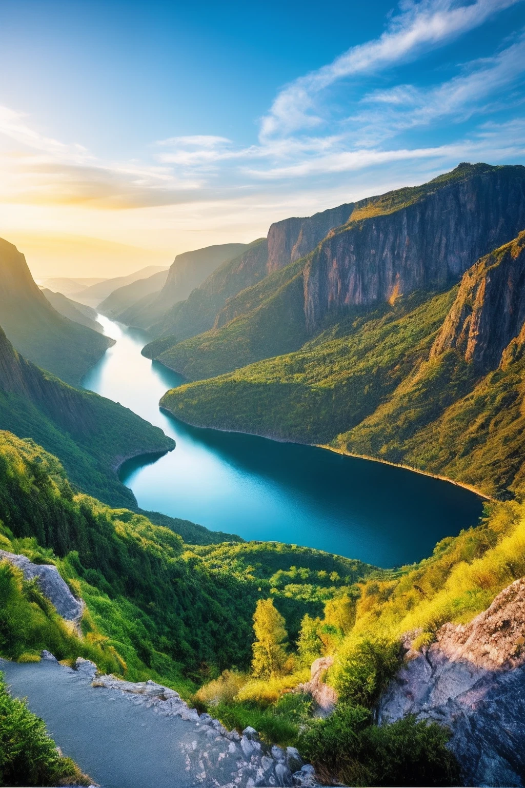Masterpiece, ultimate quality, Cg unity 8k wallpaper, super delicate, beautiful sky and clouds, rich natural scenery, cliffs, lakes and rivers, waterfalls and flying water, beautiful green mountains, no trace of people, excellent scenery, has already won a photo contest, background Blurring, full depth of field, HDR high dynamics, true restoration, intricate, extreme details, dramatic presentation, perfectly presenting the style of midjourney art.