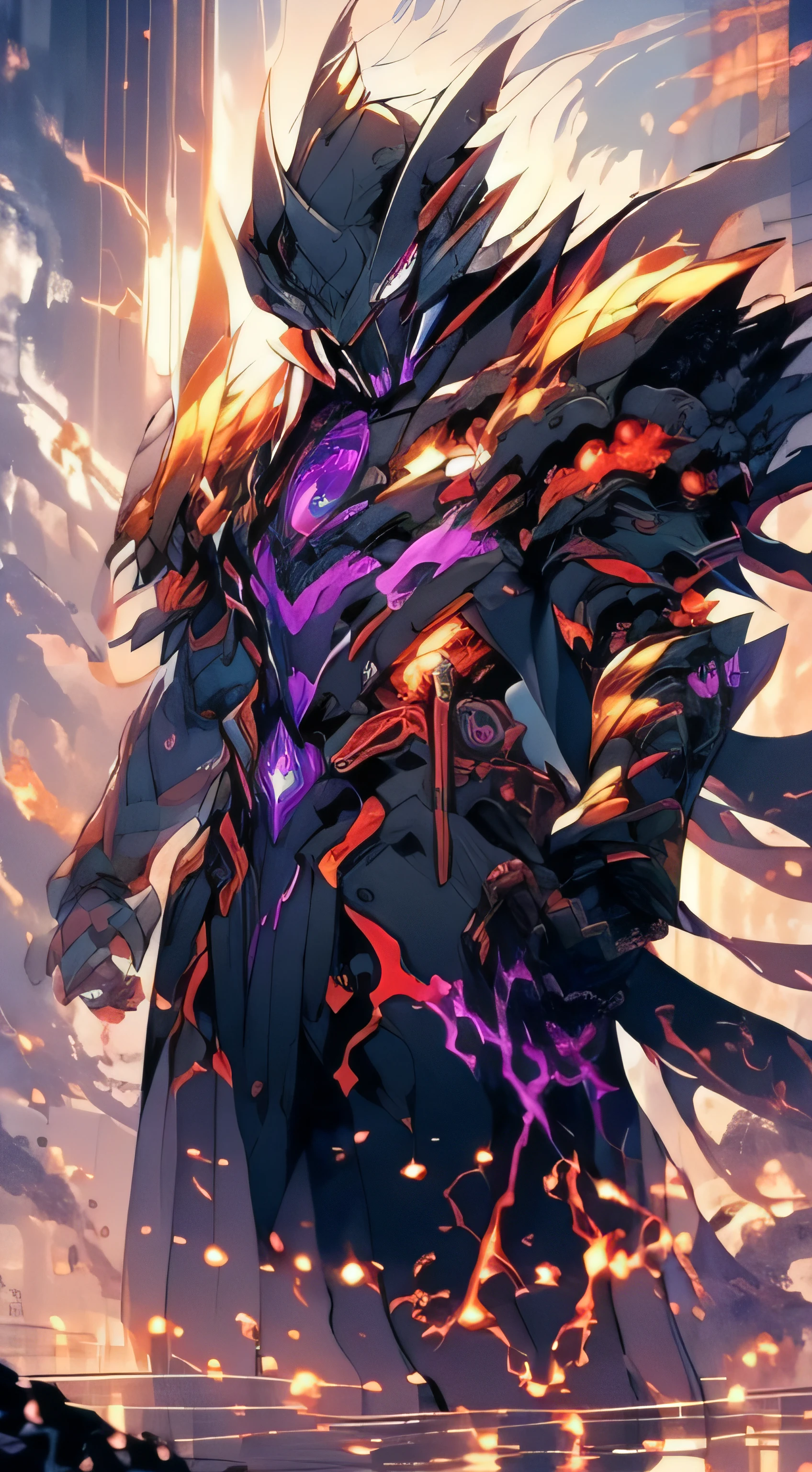 (absurdres, highres, ultra detailed, HDR), masterpiece, best quality, grim reaper male with scythe sitting on demon with a giant eye, in arrogant look, solo, reaper, male,huge scythe,glowing scythe, demon eyeball, giant eyeball, disgusting, black demon wing, demon horn, handsome, purple eye, glowing eye, black robe, earring and accessory, bare chest, arrogant face, full body, magic vortex, spark, swirl, black and purple aura, dark purple cloudy sky, abyss, abstract background, from side, look up, evil smile