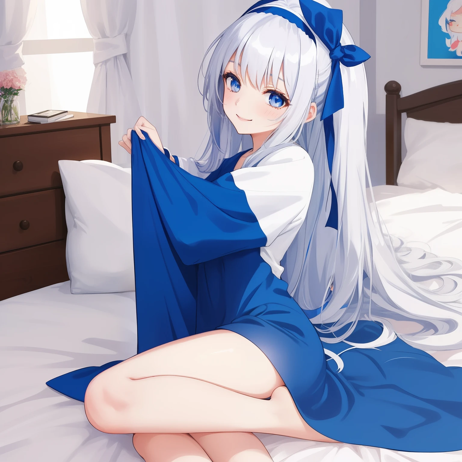 1 woman, fullbody, big t-shirts, white hair, blue eye, long hair, ribbon, happy, smile, 14 year old, dynamic angle, blue hairband, casual one-piece dress, bed room, hentai