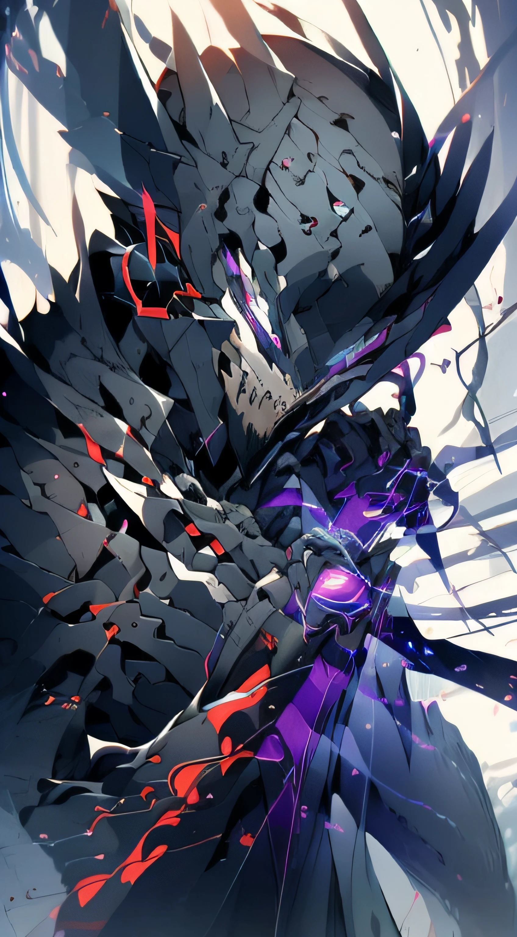 (absurdres, highres, ultra detailed, HDR), masterpiece, best quality, grim reaper male with scythe sitting on demon with a giant eye, in arrogant look, solo, reaper, male,huge scythe,glowing scythe, demon eyeball, giant eyeball, disgusting, black demon wing, demon horn, handsome, purple eye, glowing eye, black robe, earring and accessory, bare chest, arrogant face, full body, magic vortex, spark, swirl, black and purple aura, dark purple cloudy sky, abyss, abstract background, from side, look up, evil smile