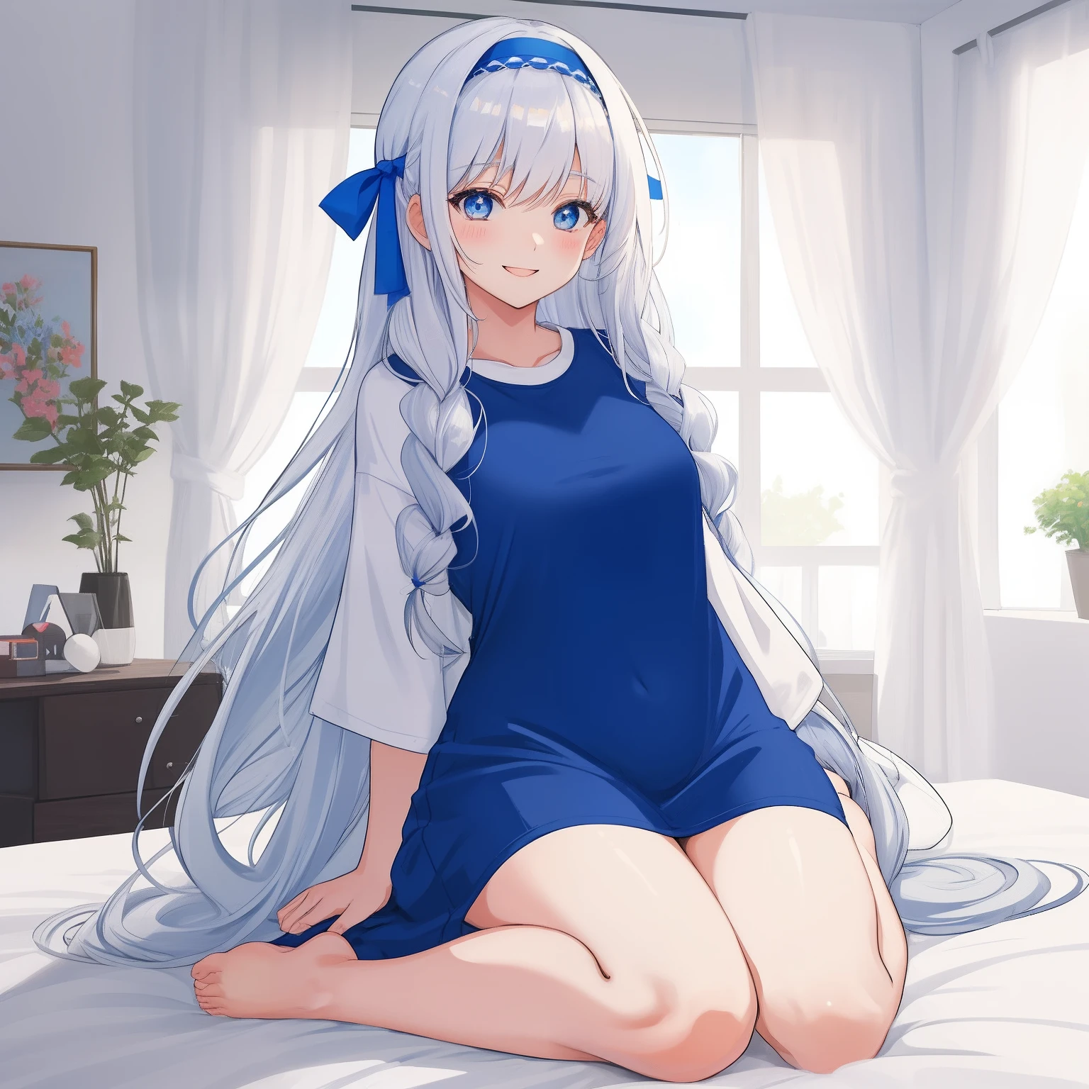 1 woman, fullbody, big t-shirts, white hair, blue eye, long hair, ribbon, happy, smile, 14 year old, dynamic angle, blue hairband, casual one-piece dress, bed room, hentai