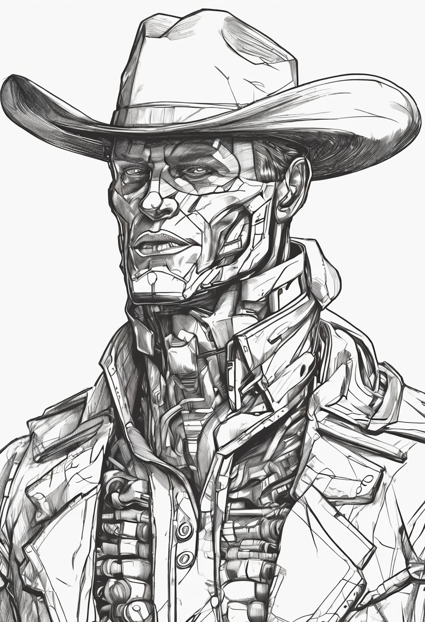 Cowboy Robot Muscular Male Figure,dynamicpose,Clean Line Art,+Expressive line,in the style of an expressive sketch drawing, hatching, Black and white sketch, Hand drawing, drawing, Linear style::Sketchnote styledrawing, Linear style::Sketchnote style