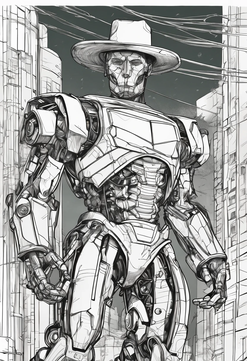 Cowboy Robot Muscular Male Figure,dynamicpose,Clean Line Art,+Expressive line,in the style of an expressive sketch drawing, hatching, Black and white sketch, Hand drawing, drawing, Linear style::Sketchnote styledrawing, Linear style::Sketchnote style