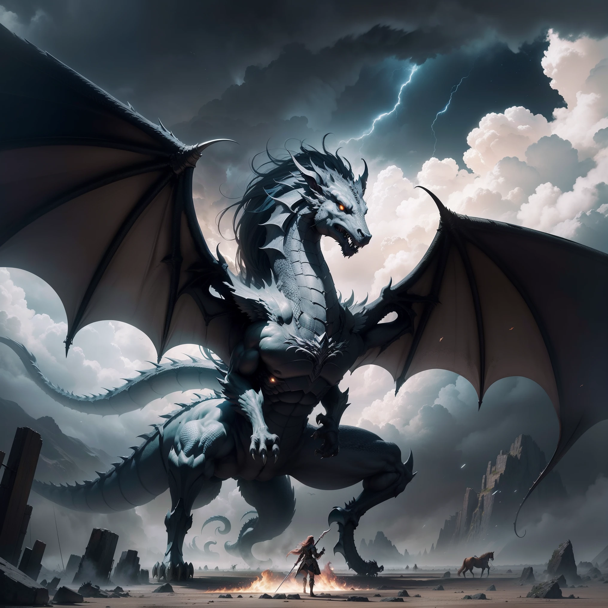 /imagine prompt: An epic fantasy battle on a vast open plain, Armies of mythical creatures and warriors in confrontation, wielding fantastic weapons, a storm brewing in the dark skies, Raios que atingem o solo, dragons flying above, a sense of grandeur and heroism in the midst of chaos, Artwork, Mixed media, Combining digital paint and traditional paint for action, dynamics and detail, --AR 16:9 --V 5