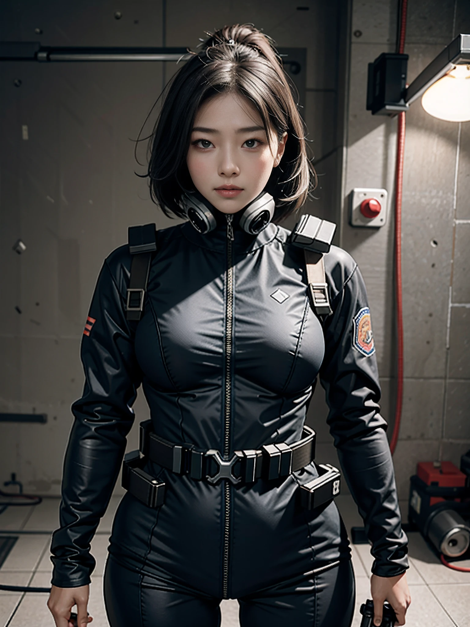 Highest image quality, outstanding details, ultra-high resolution, (realism: 1.4), ((close up:0.75)), highly condensed 1 lady, with beautiful and a delicate face, perfect proportion, aiming the viewer, ((aiming the viewer)), (chubby:0.3, small breasts), (cloths color base ratio black:0.4 white:0.5 other-color:0.1), (wearing rash-guard likes police uniform, black and gray mecha, wearing high-tech heavy gasmask, military harness, holding a machinegun, carrying hich-tech-flamethrower -tank on back), captain, background simple gray wall,