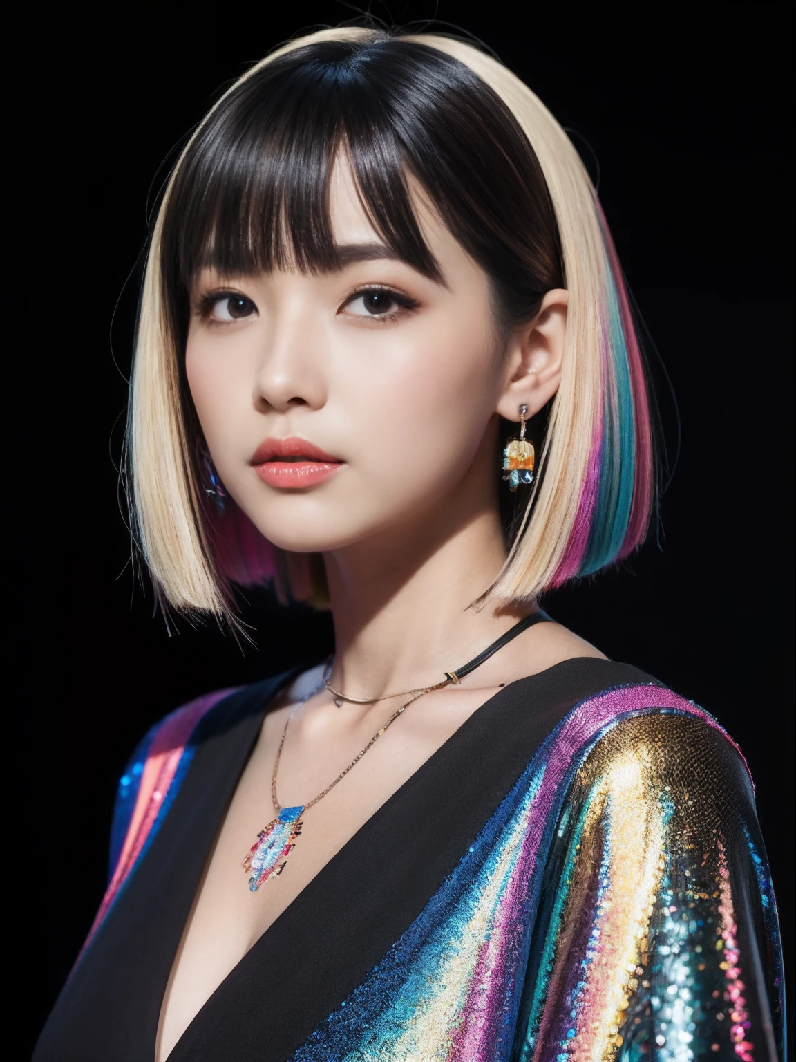 Upper body portrait, japanes, hair of Multi-colors, Long bob cut, Cute girl isometric section 3D hologram, Blender UHD Rendering, Black Background - Raw Style - AR 3:2、a necklace、piercings